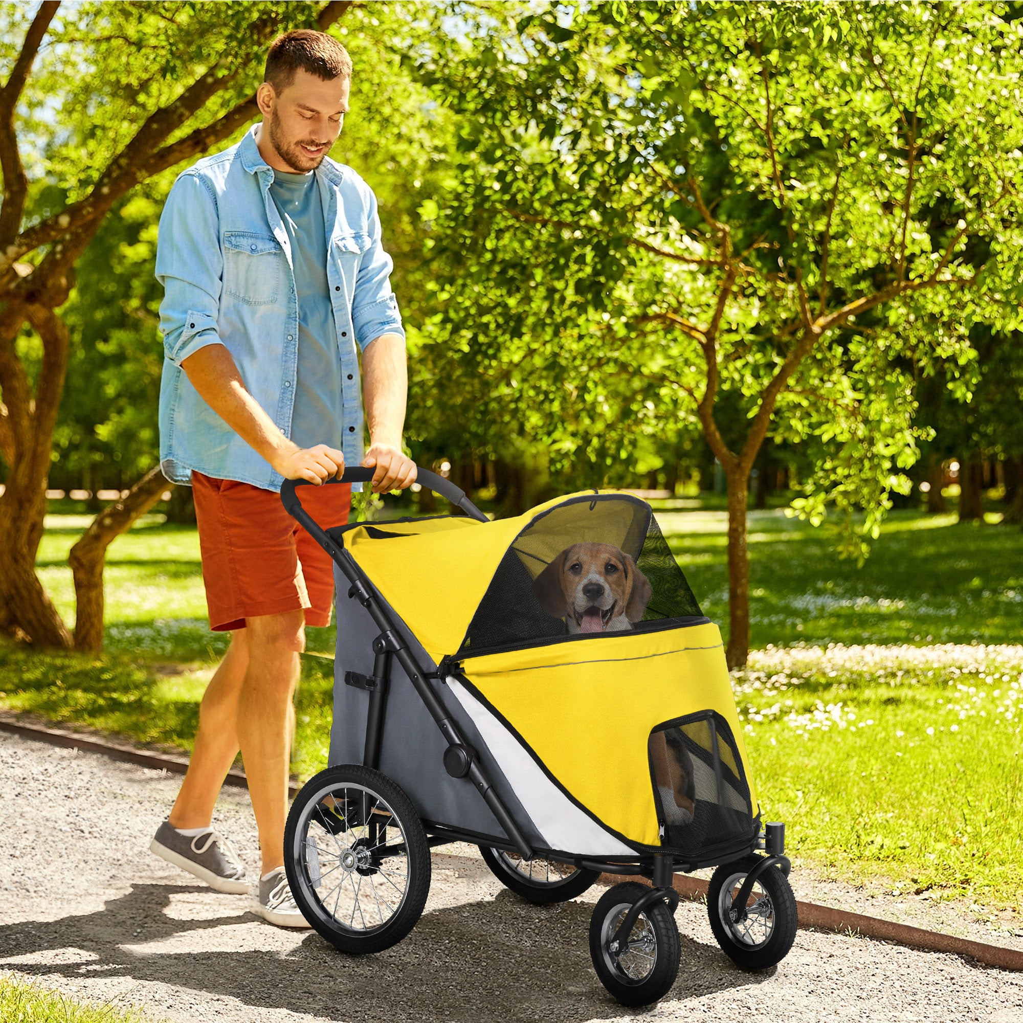 PawHut Foldable Pet Stroller, with Washable Cushion, Storage Bags, Safety Leash, for Medium, Large Dogs, Catts, Travel - Yellow - North Peak Garden Furniture