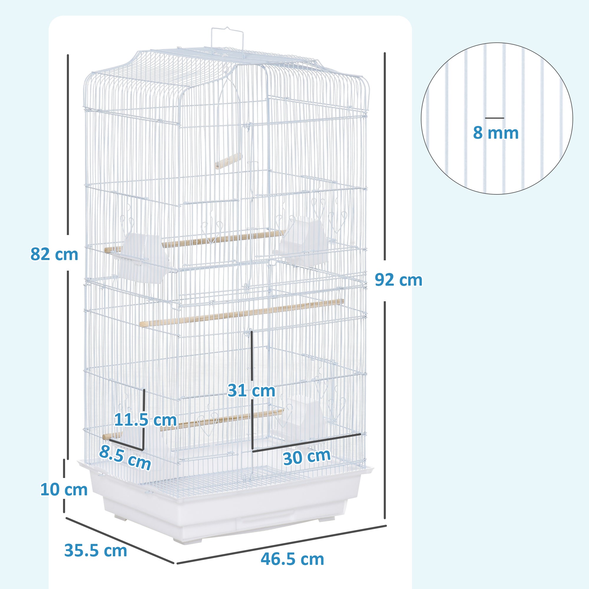PawHut Large Metal Bird Cage with Stand, Perches, Food Bowls, Swing for Budgie, Parakeet, 46.5 x 35.5 x 92cm,White - North Peak Garden Furniture