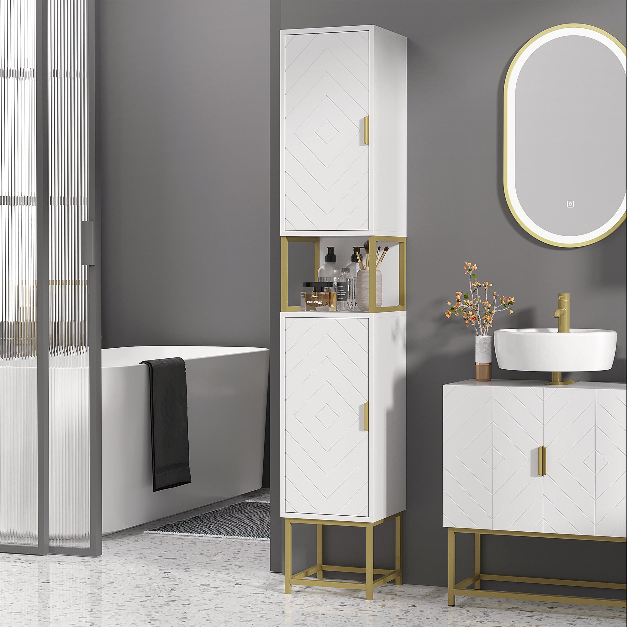 kleankin Narrow Bathroom Storage Cabinet, Freestanding Tallboy Storage Unit with Adjustable Shelf, 2 Doors and Steel Base, Slim Corner Organizer, White - North Peak Garden Furniture