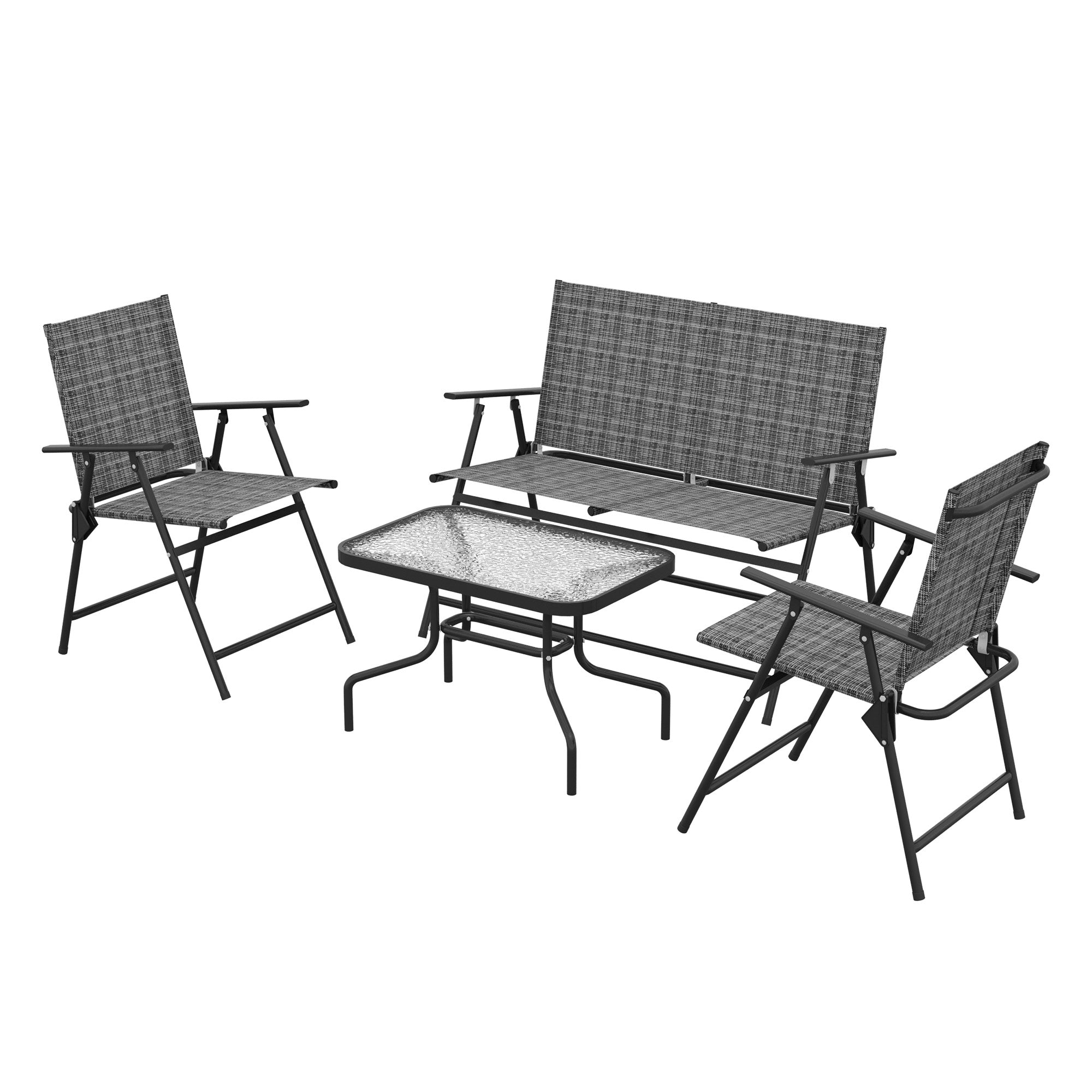 Outsunny Outdoor 4 Pieces Patio Furniture Set with Breathable Mesh Fabric Seat & Backrest, Garden Set with Two Foldable Armchairs, a Loveseat & Glass Top Table, Mixed Grey