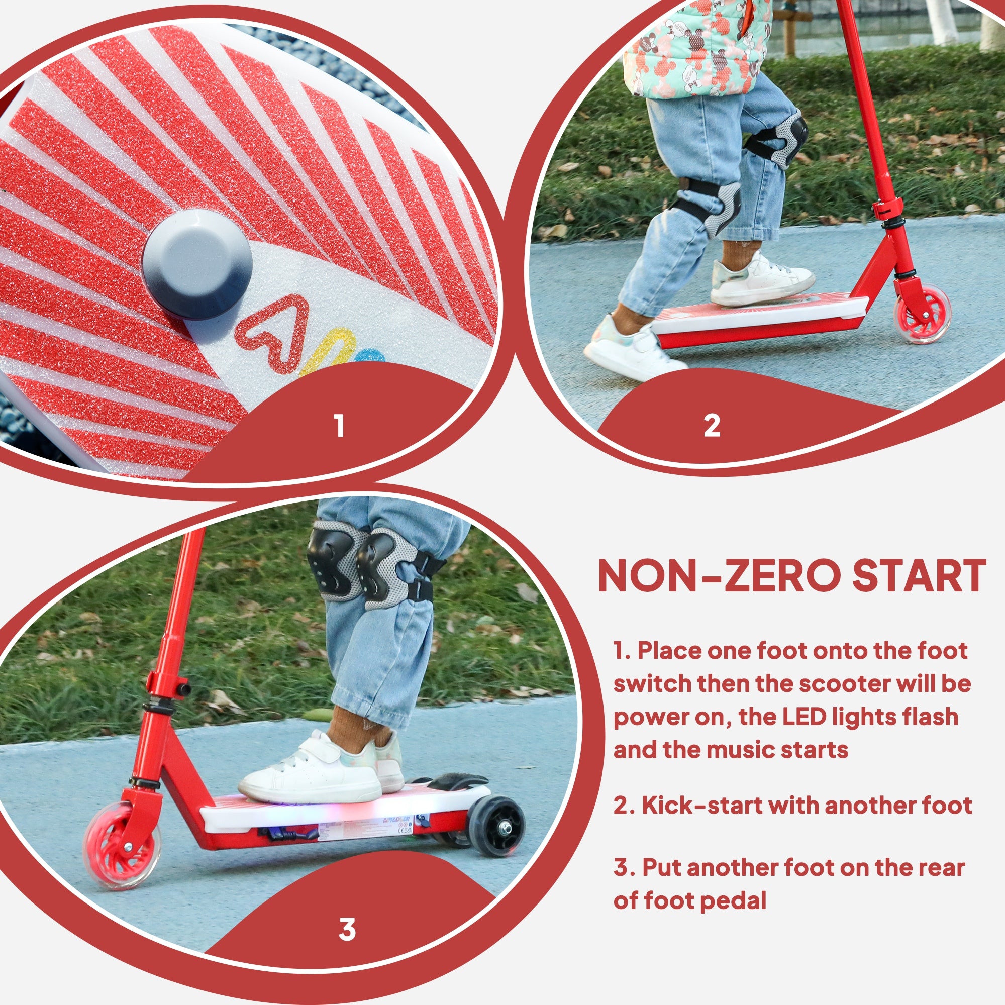 AIYAPLAY Electric Scooter for Kids Ages 4-7, with Auxiliary Rear Wheels, Flashing LED Light and Electric Brake, Kids Electric Scooter for Boys Girls, 6 KM/H & 8 KM, Red - North Peak Garden Furniture