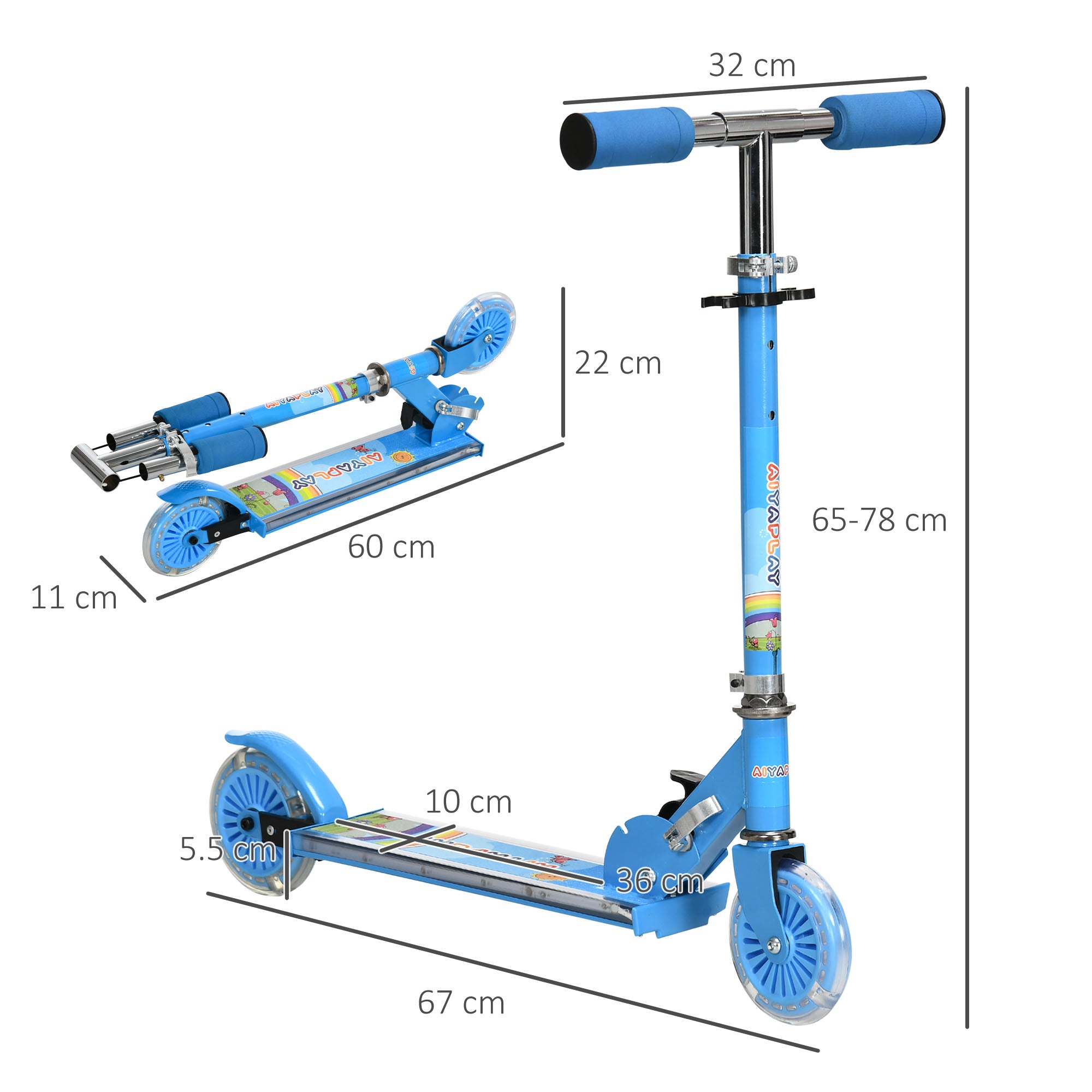 HOMCOM Kids Scooter, with Lights, Music, Adjustable Height, Foldable Frame, for Ages 3-7 Years - Blue - North Peak Garden Furniture