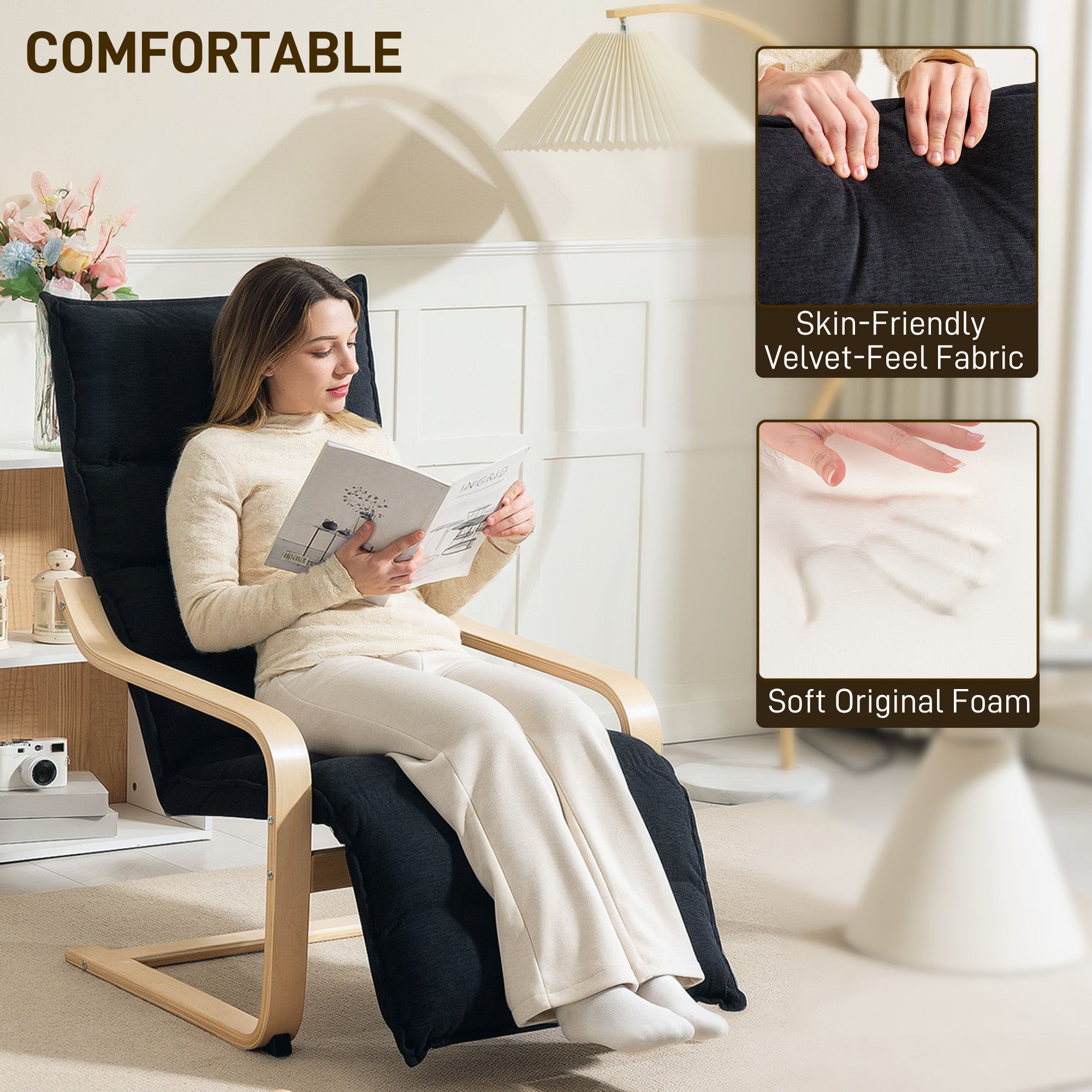 HOMCOM Curved Wooden Accent Chair, with Adjustable Footrest - Black - North Peak Garden Furniture