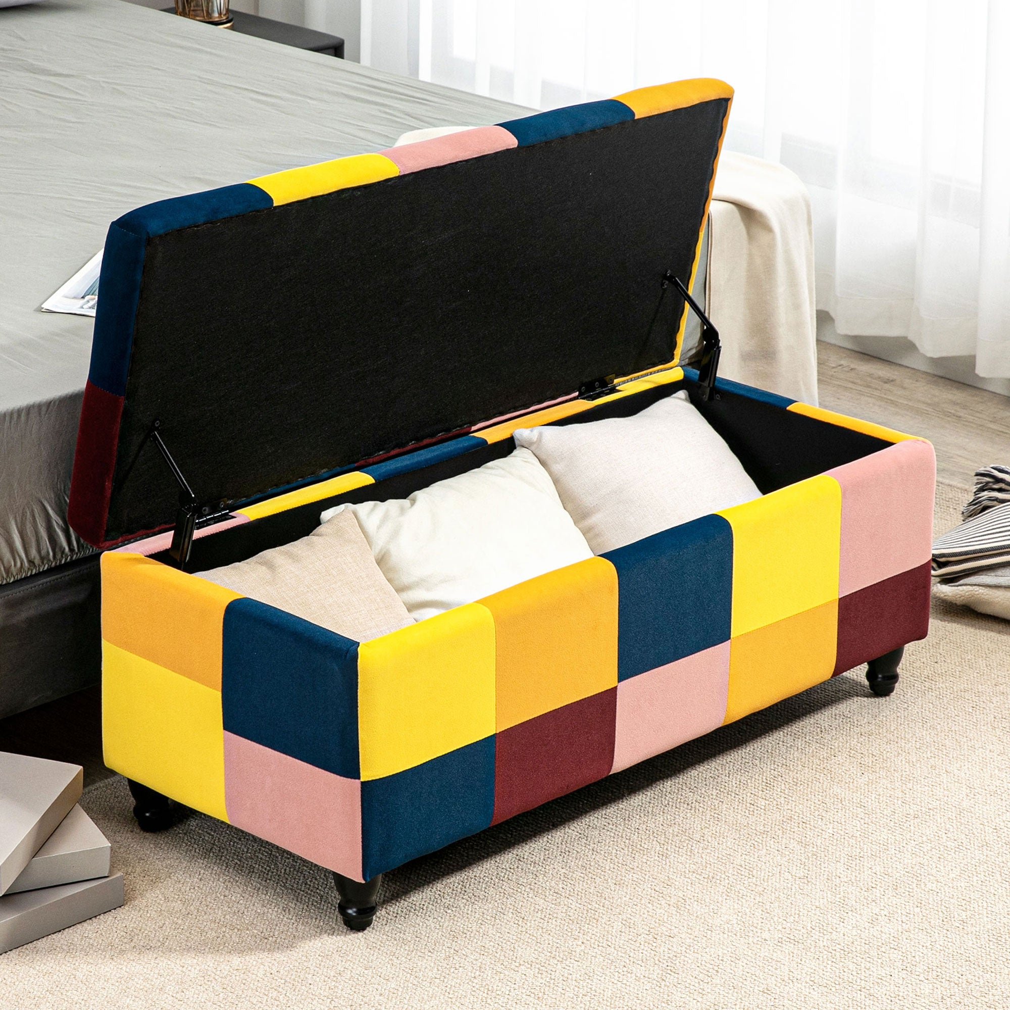 HOMCOM 114 x 47 x 47cm Velvet Storage Ottoman, Button-tufted Footstool Box, Toy Chest with Lid for Living Room, Bedroom, Multicoloured