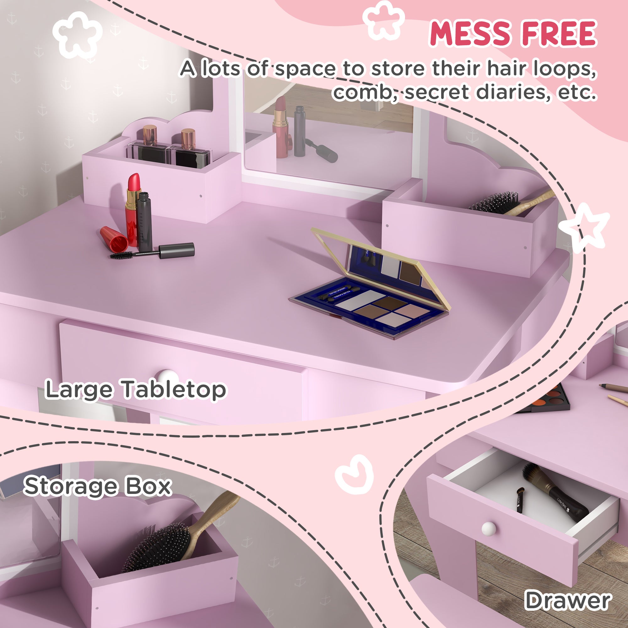 ZONEKIZ Kids Vanity Table with Mirror, Stool, Drawer, Storage Boxes, Cloud Design, for Ages 3-6 Years - Pink - North Peak Garden Furniture