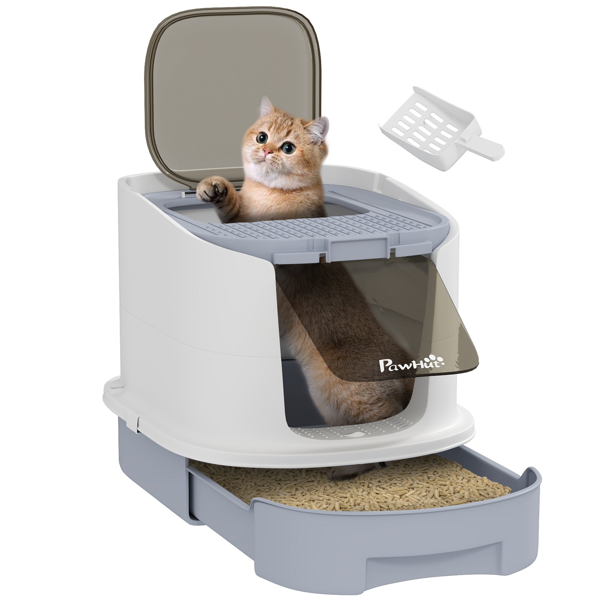 PawHut Cat Litter Box with Lid, Scoop, Deodorization Bags, Top Entry, Cat Toilet Easy Clean with Drawer Pan, Grey - North Peak Garden Furniture
