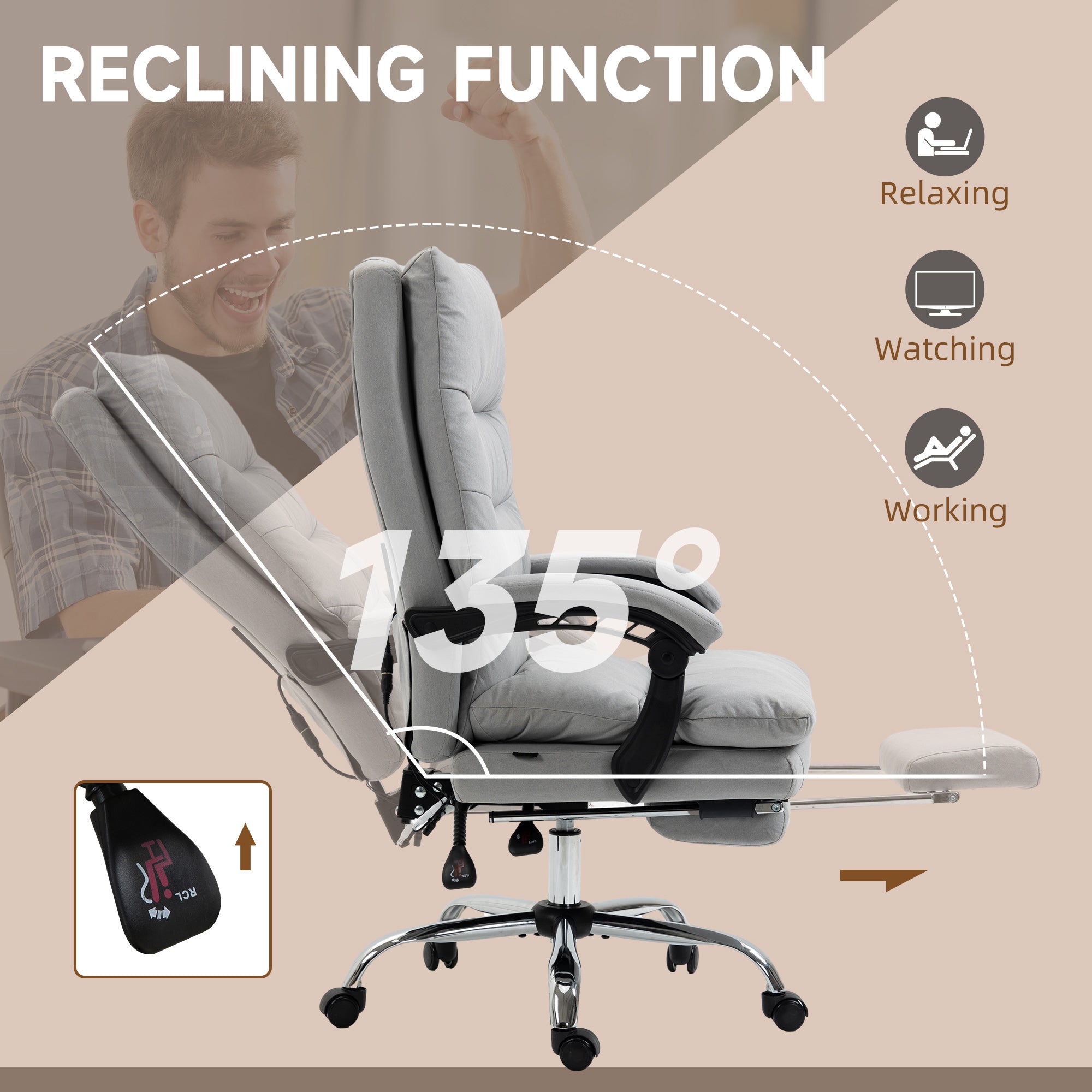 Vinsetto Office Chair, Ergonomic Desk Chair with 6-Point Vibration Massage and Back Heating, Microfibre Computer Gaming Chair with 135° Reclining Back and Footrest, Grey