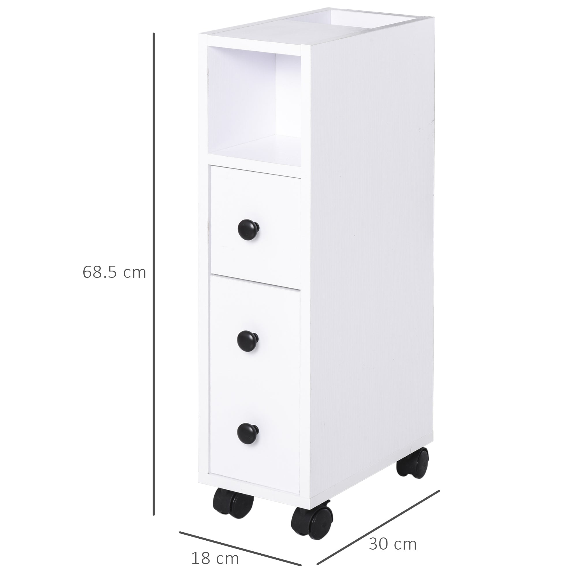 kleankin Slimline Bathroom Storage Unit w/ 2 Drawers 2 Open Compartments Wheels Handles Freestanding Compact Home Office Furniture White