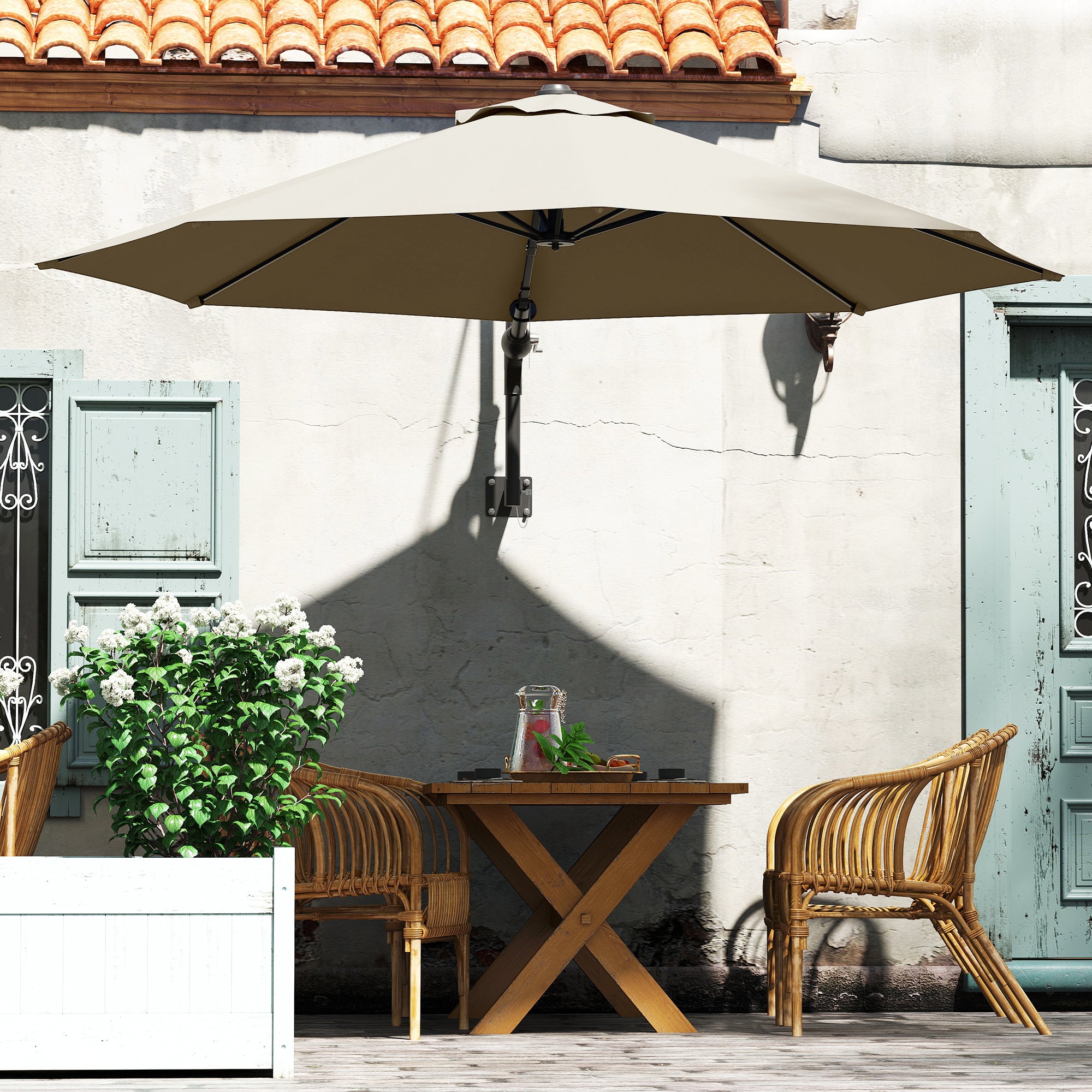 Outsunny 3(m) Wall-Mounted Parasol Shade, with Handle - Khaki - North Peak Garden Furniture