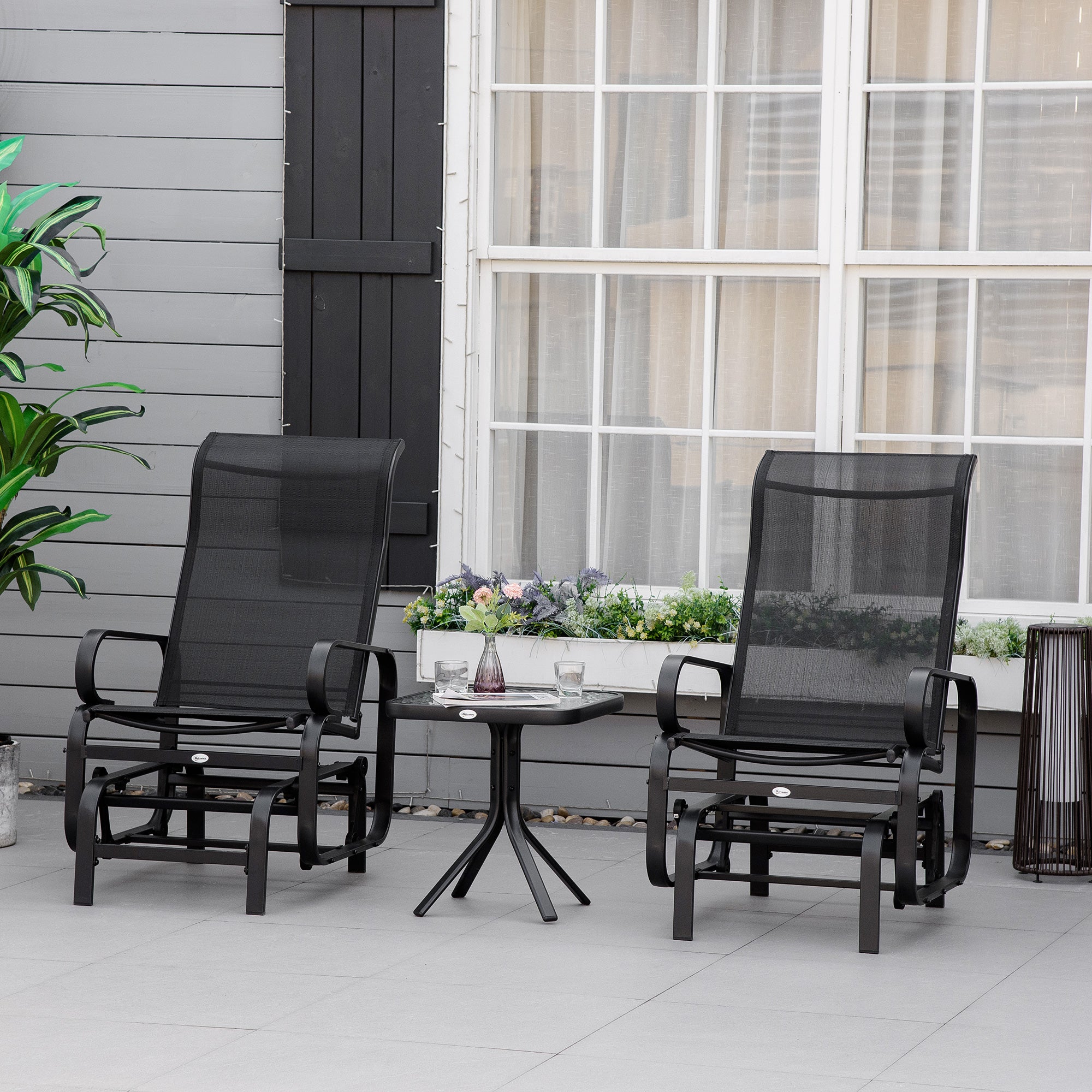 Outsunny 3 Pieces Garden Gliding Chair Set, Metal Frame 2 Single Armchair Swing Seater and 1 Glass Top Coffee Table w/ Breath Mesh Fabric Seat, Black - North Peak Garden Furniture