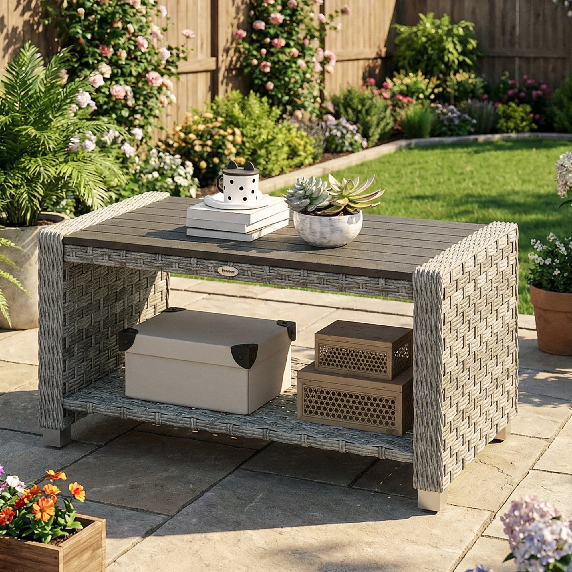 Outsunny Outdoor Side Table with 2-tier Storage Rattan End Table for Patio 90 cm Grey