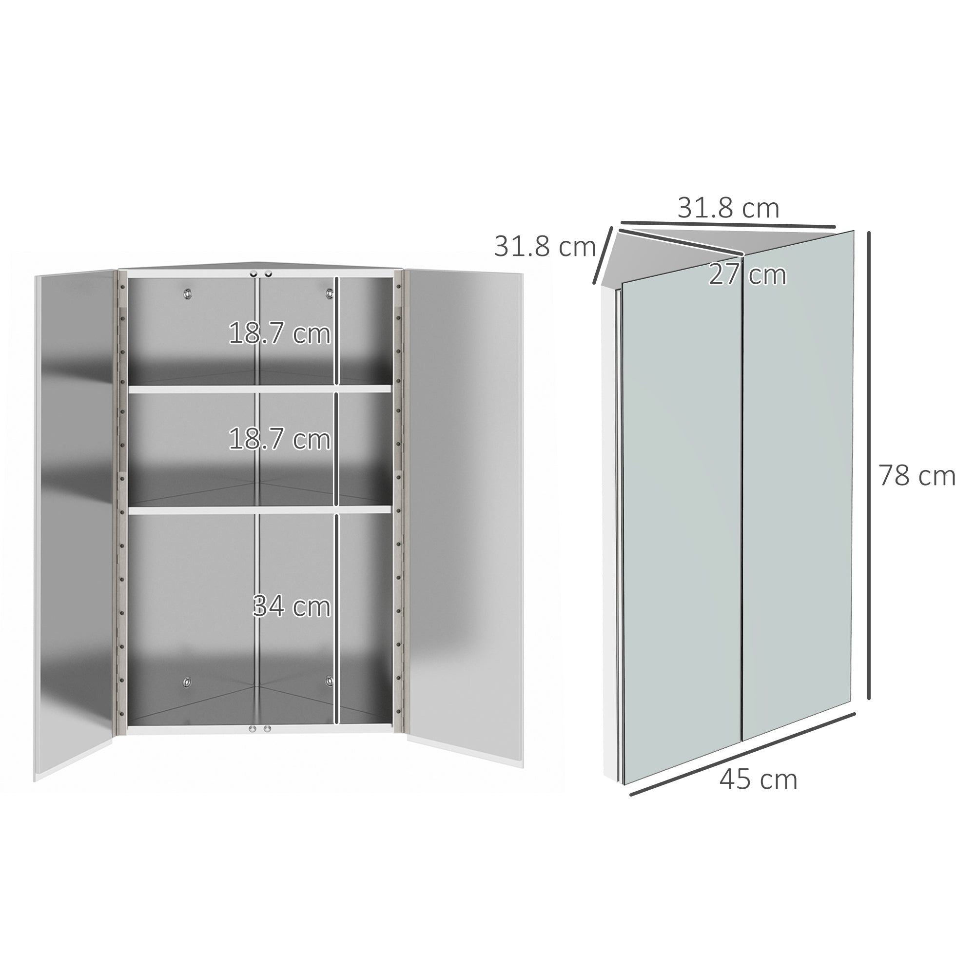 kleankin Corner Mirrored Bathroom Cabinet w/ 3 Shelves 2 Doors On-Wall Storage Unit Organiser Stainless Steel Frame Home Furnishing