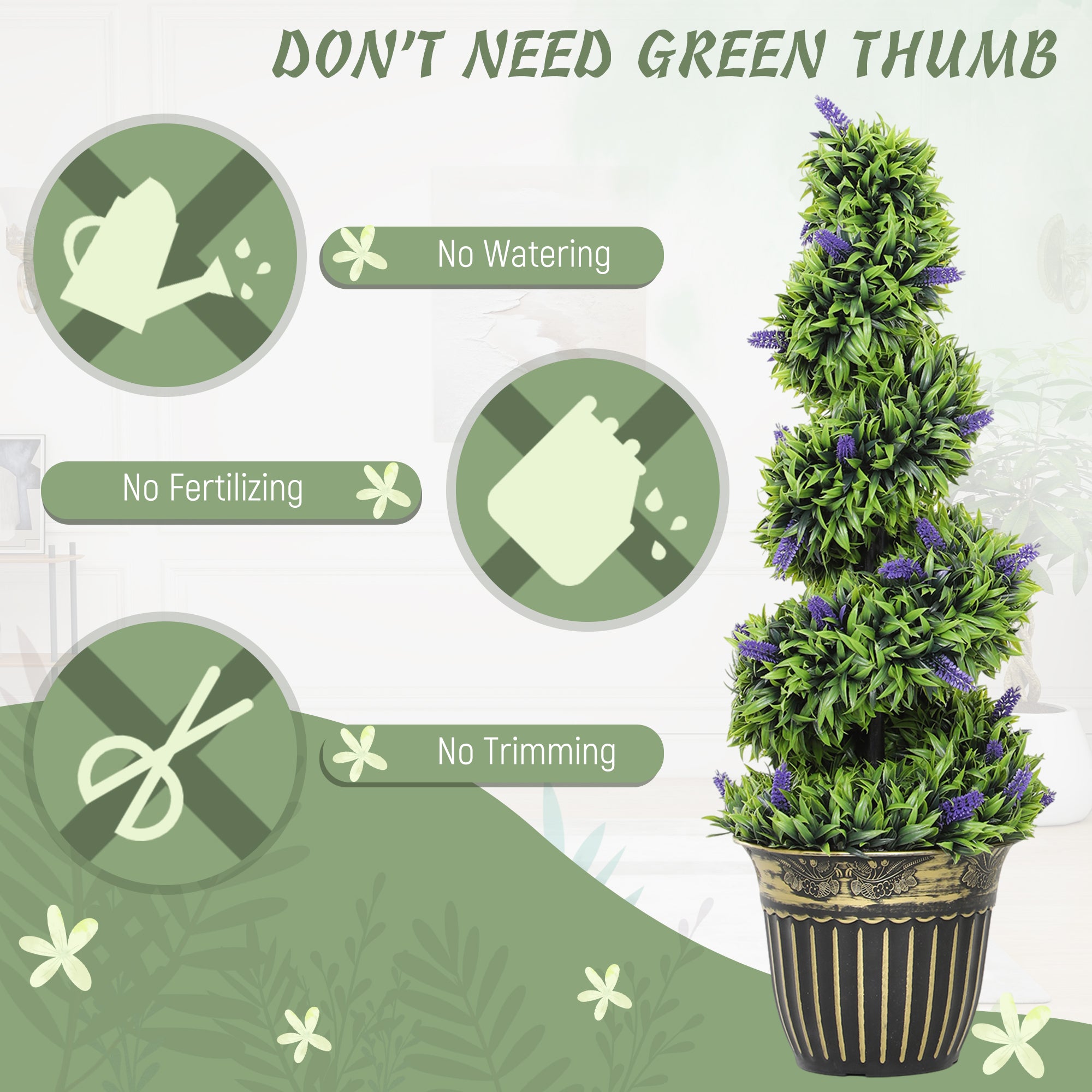 HOMCOM Set of 2 Decorative Artificial Plants, Boxwood Spiral Topiary Tree with Lavender and Pot, Fake Plants for Home Indoor Outdoor Decor, 90cm - North Peak Garden Furniture