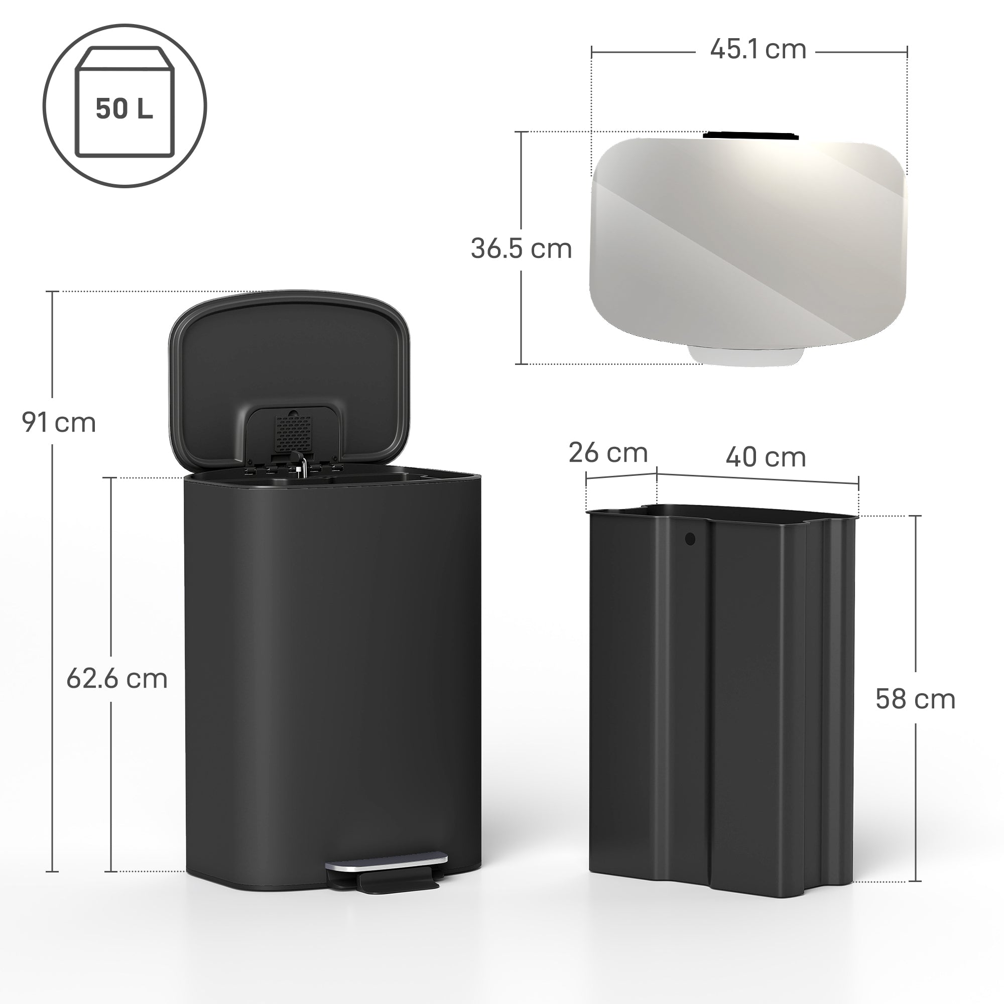 HOMCOM 50L Kitchen Bin with Soft-Close Lid and Stay-Open Function, Stainless Steel Pedal Bin with Removable Inner Bucket, Carry Handle for Kitchen, Office, Home, Black