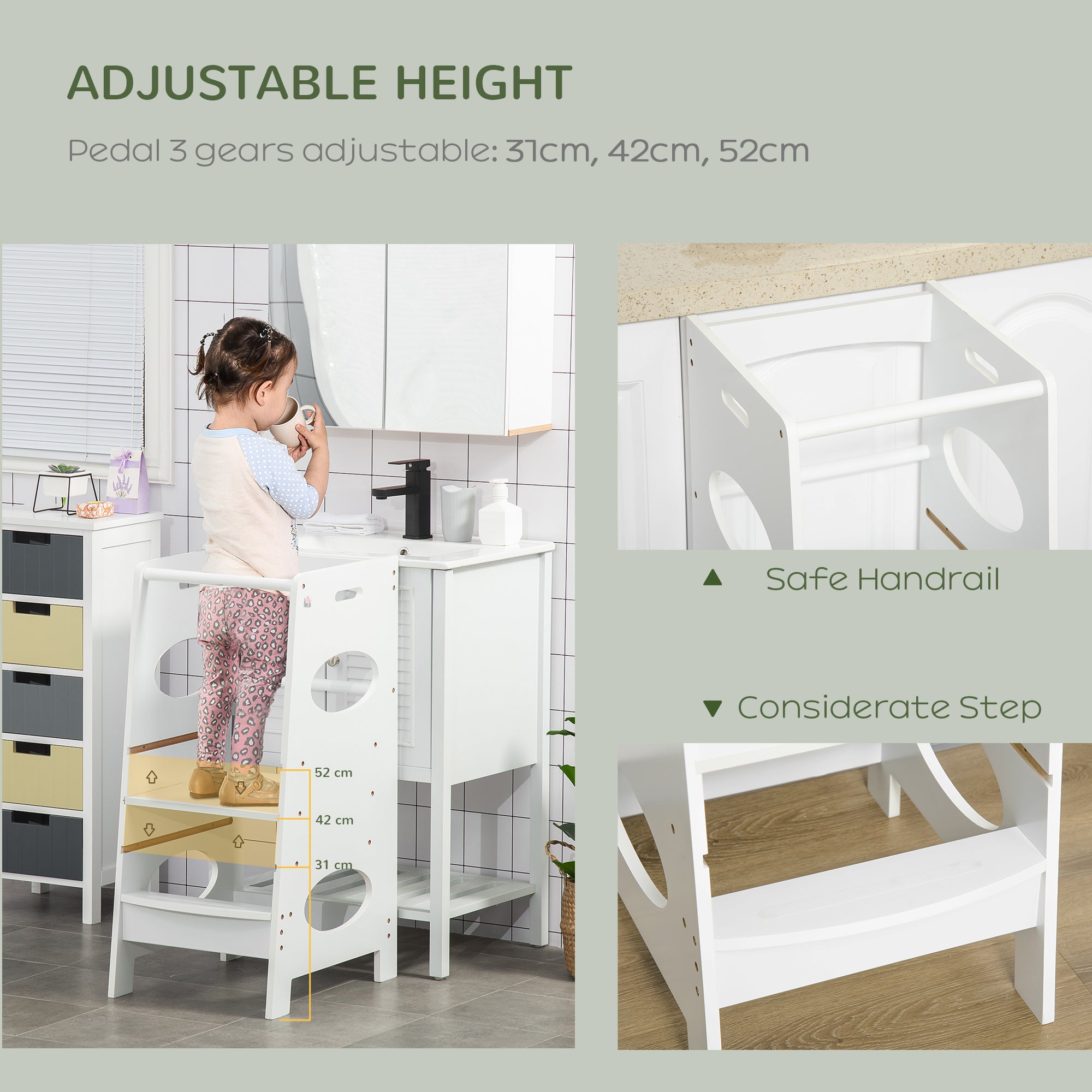HOMCOM Toddler Step Stool Kids Adjustable Standing Tower with Safety Rail for Kitchen Counter White - North Peak Garden Furniture