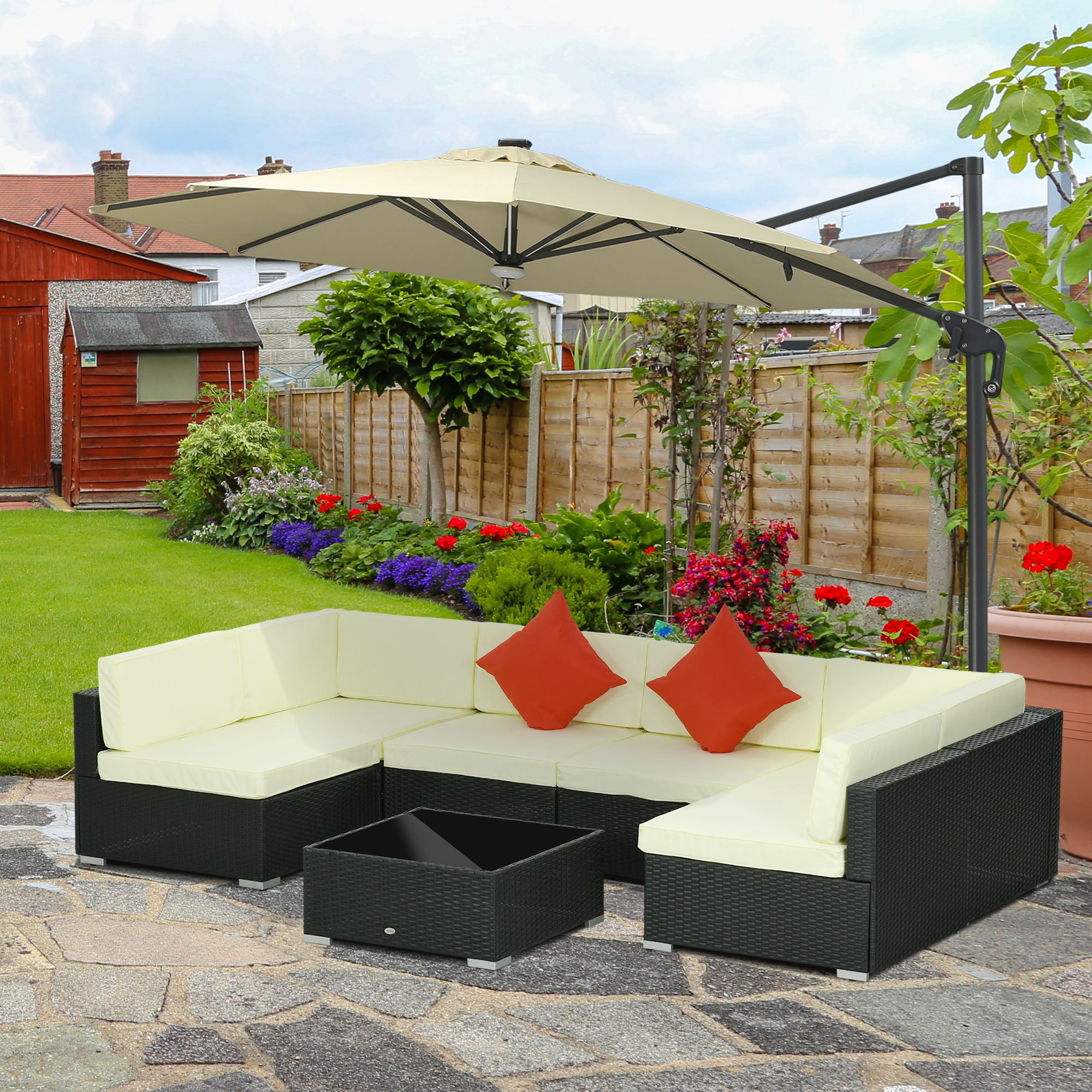 Outsunny 7 Pieces PE Rattan Garden Furniture Set w/ Thick Padded Cushion, Patio Garden Corner Sofa Sets w/ Glass Coffee Table and Pillows | Aosom UK