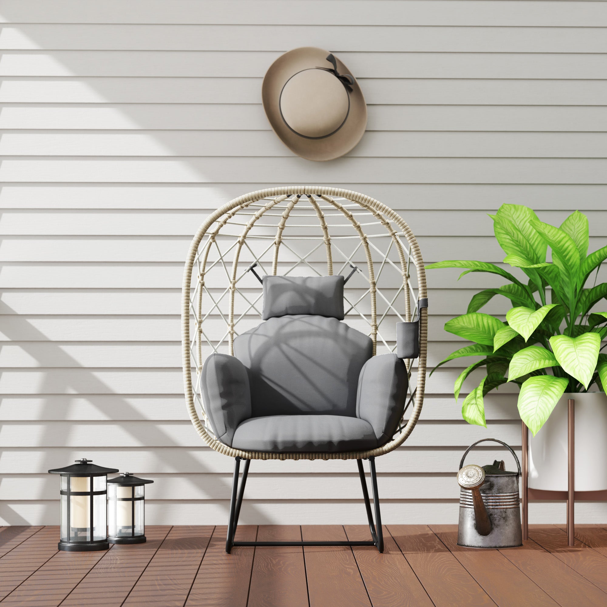 Outsunny Rattan Egg Chair Outdoor Indoor Wicker Chair with Thickened Cushion and Headrest, Standing Garden Egg Chair with Cup Holder, Metal Frame for Patio, Balcony, Grey - North Peak Garden Furniture