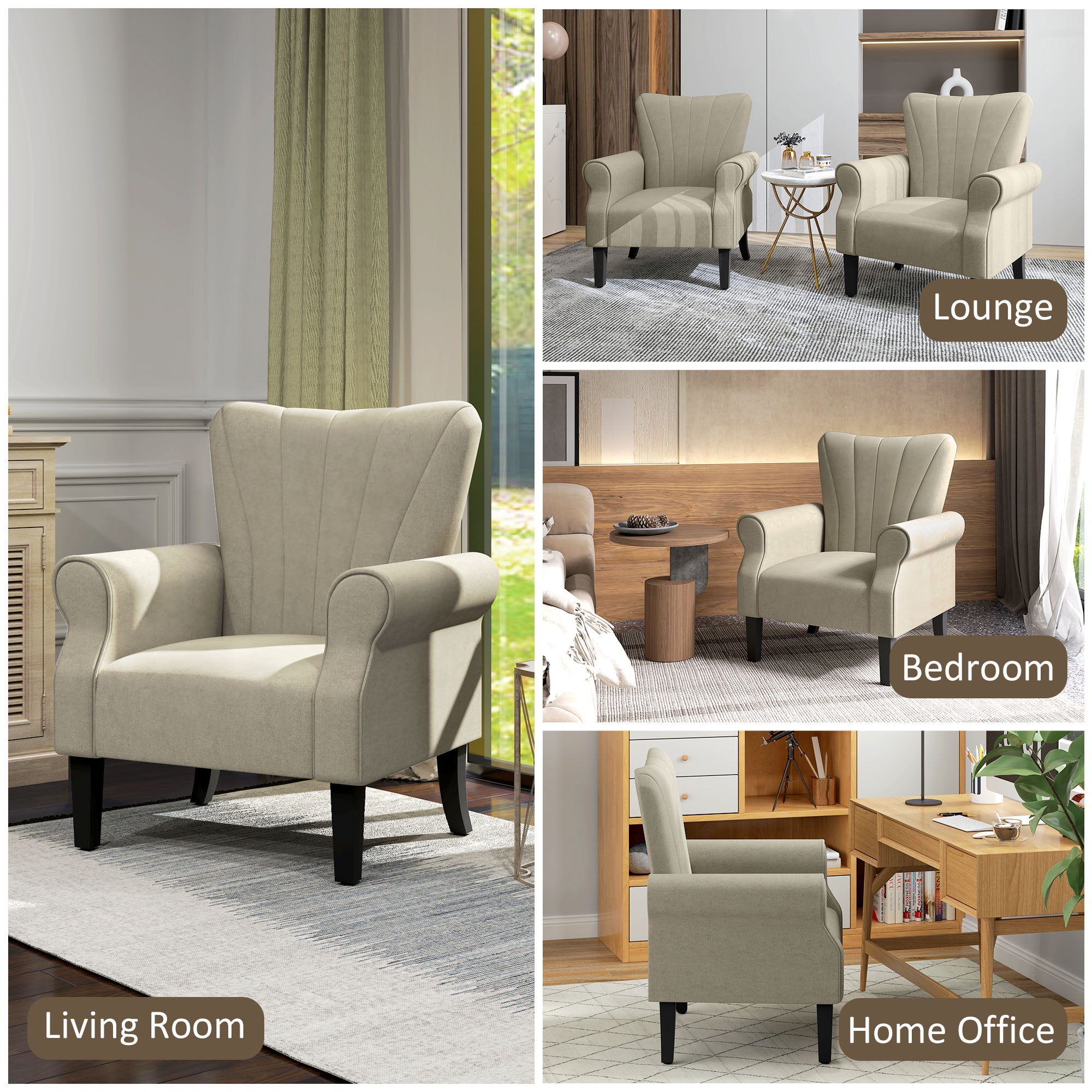HOMCOM Upholstered Accent Chair with High Back, Rolled Arms and Wood Legs, Soft Thick Padded Armchair, Beige