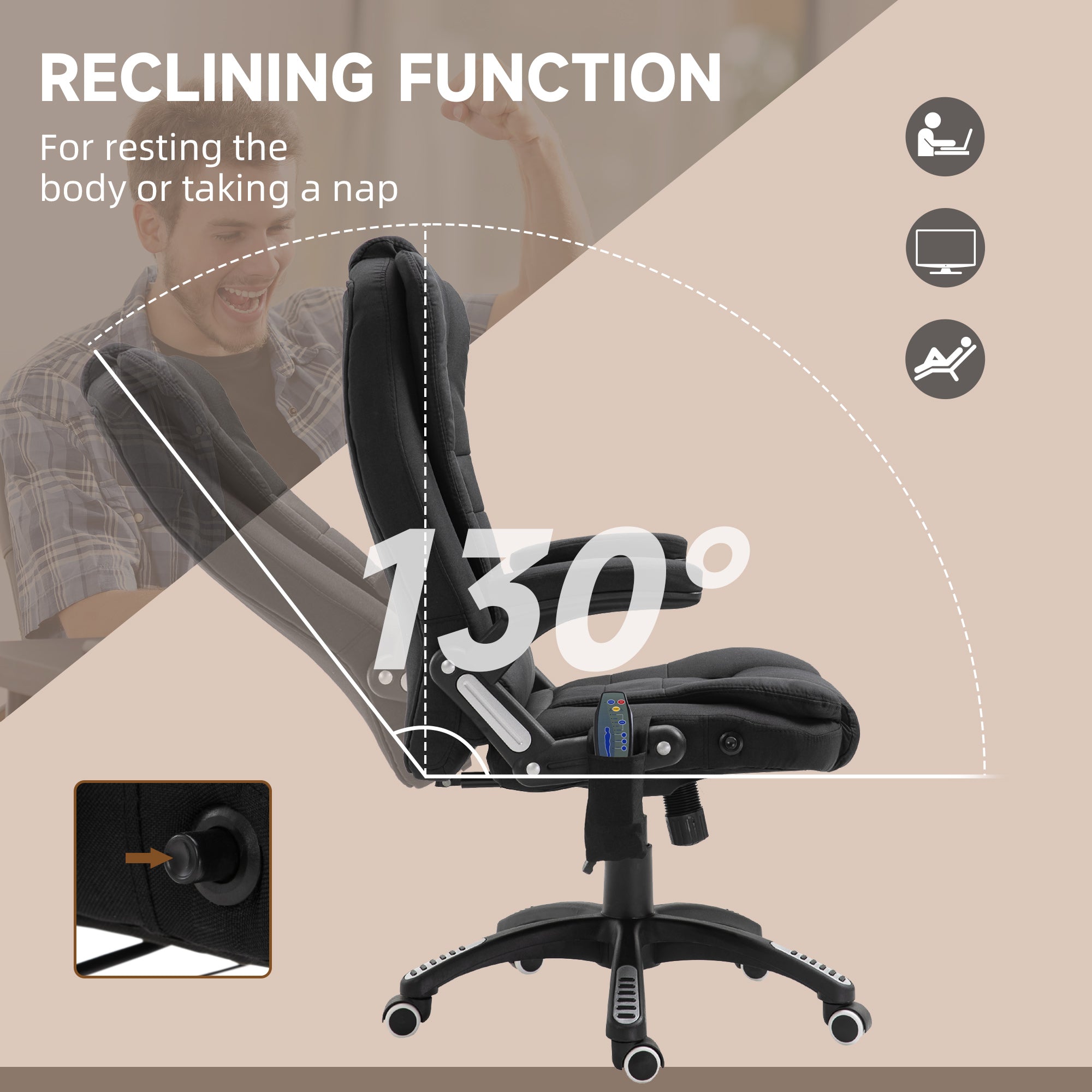 Vinsetto Massage Recliner Chair Heated Office Chair with Six Massage Points Linen-Feel Fabric 360° Swivel Wheels Black - North Peak Garden Furniture
