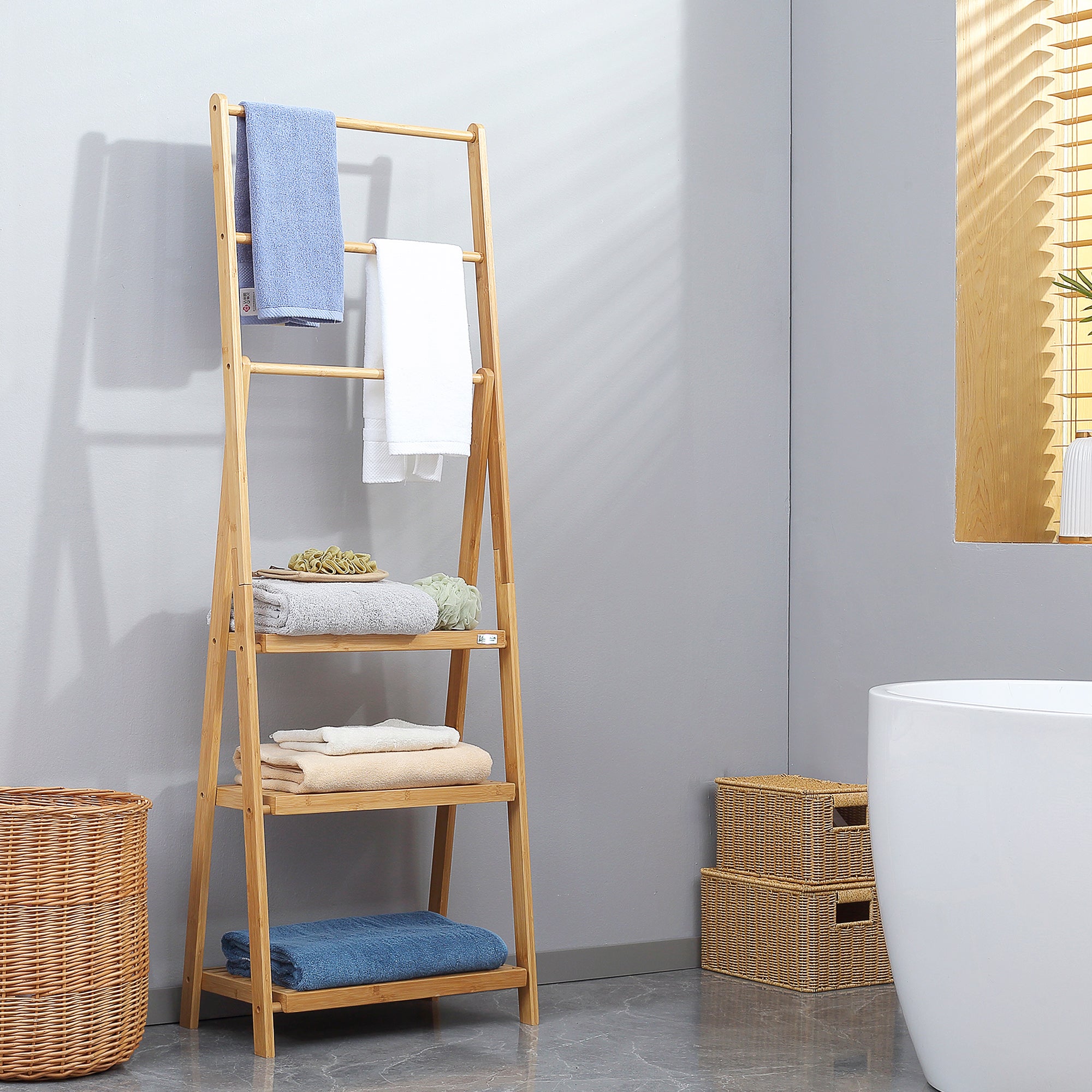 kleankin Freestanding Natural Bamboo Towel Rack with 3 Towel Rails and 3 Storage Shelves, Space-Saving Foldable Towel Holder for Bathroom - North Peak Garden Furniture