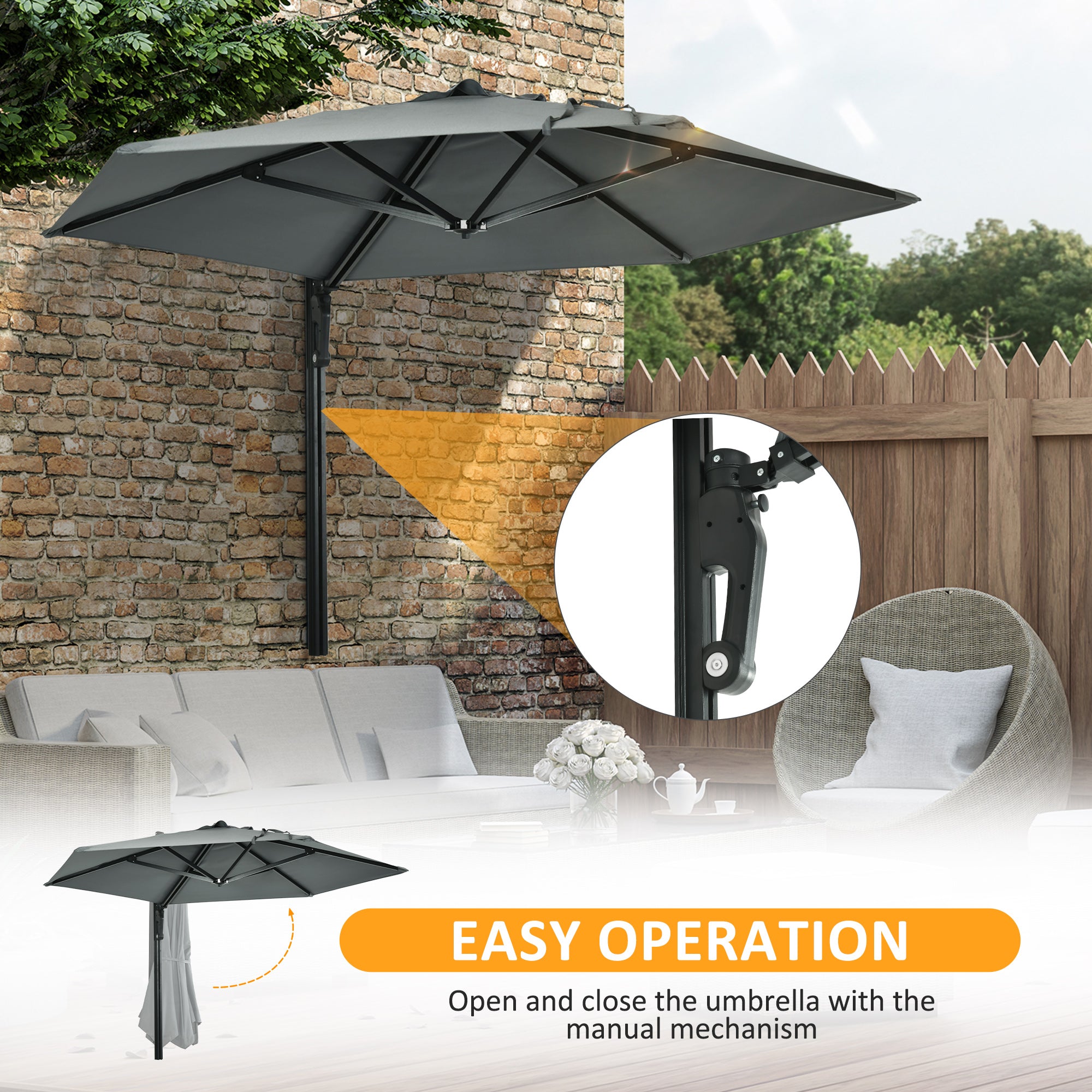 Outsunny 2.5m Wall Mounted Parasol, Hand to Push Outdoor Patio Umbrella with 180 Degree Rotatable Canopy for Porch, Deck, Garden, 250 cm, Grey - North Peak Garden Furniture