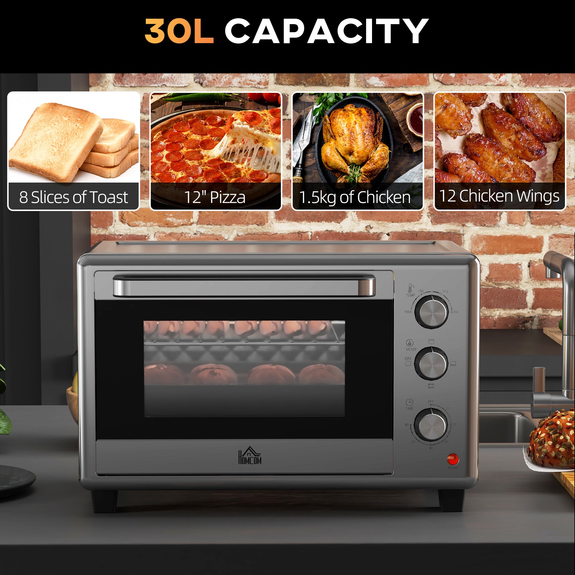 HOMCOM 30L 60-230℃ Mini Electric Oven, with Accessories - Silver Tone - North Peak Garden Furniture