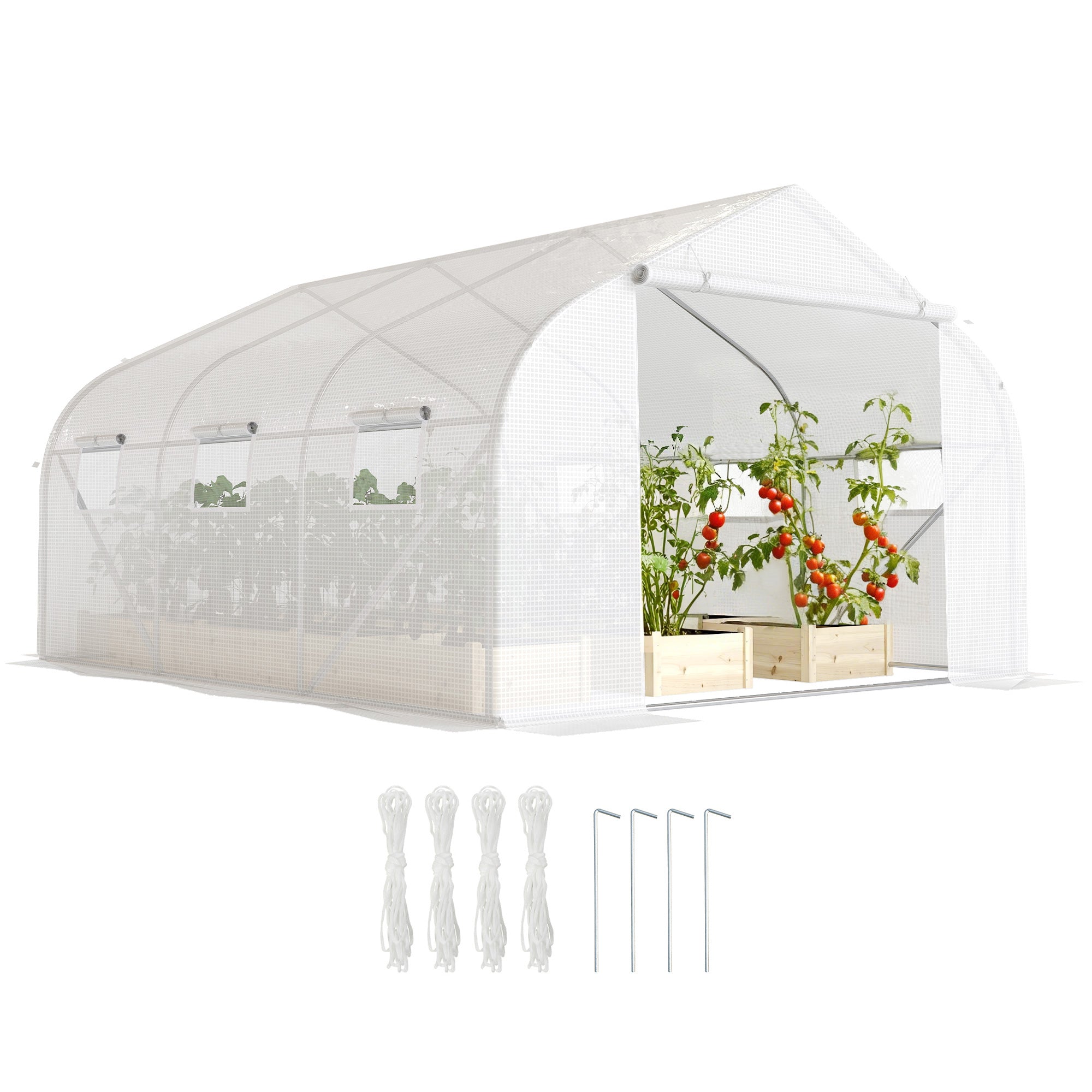 Outsunny Walk-In Polytunnel Greenhouse Warm House Garden Tunnel Shelter Plant Shed with Door and Windows, Galvanised Steel Frame, 3.5 x 3 x 2m, White