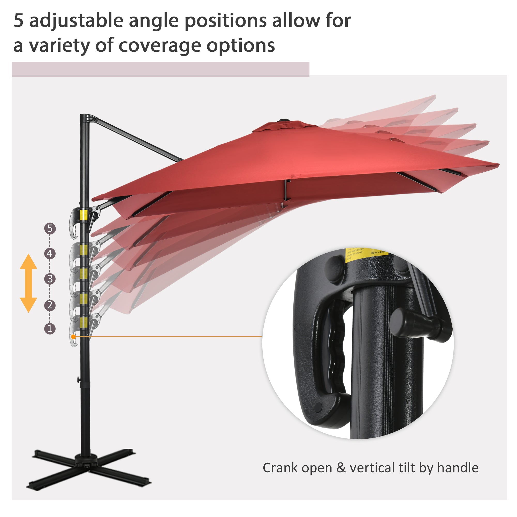Outsunny 2.5 x 2.5m Patio Offset Parasol Umbrella Cantilever Hanging Aluminium Sun Shade Canopy Shelter 360° Rotation with Crank Handle and Cross Base, Wine Red - North Peak Garden Furniture