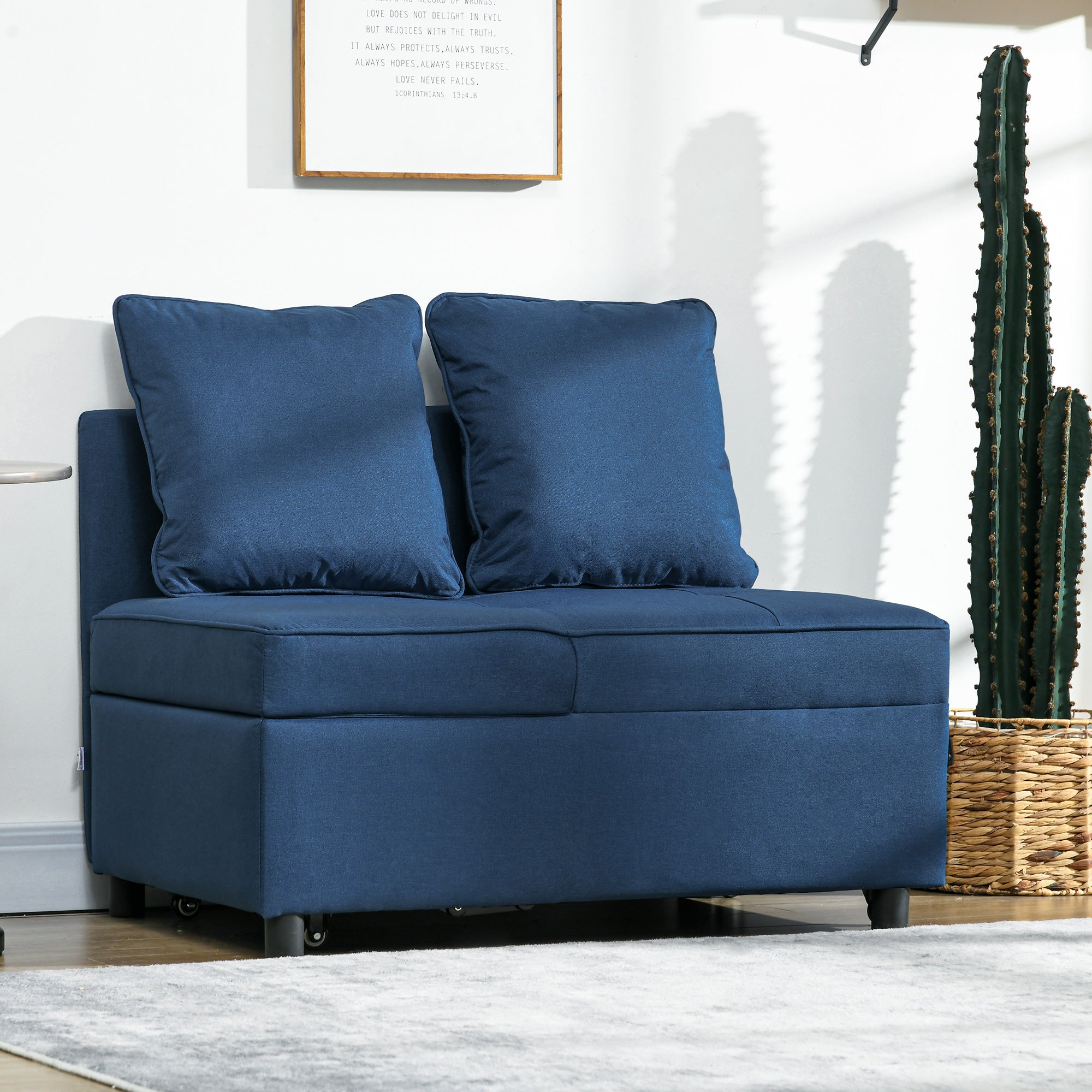 HOMCOM Convertible Single Sofa Bed with Thick Padded Seat, 3-in-1 Multi-Functional Sleeper Chair Bed with Magazine Pocket, for Living Room, Blue - North Peak Garden Furniture