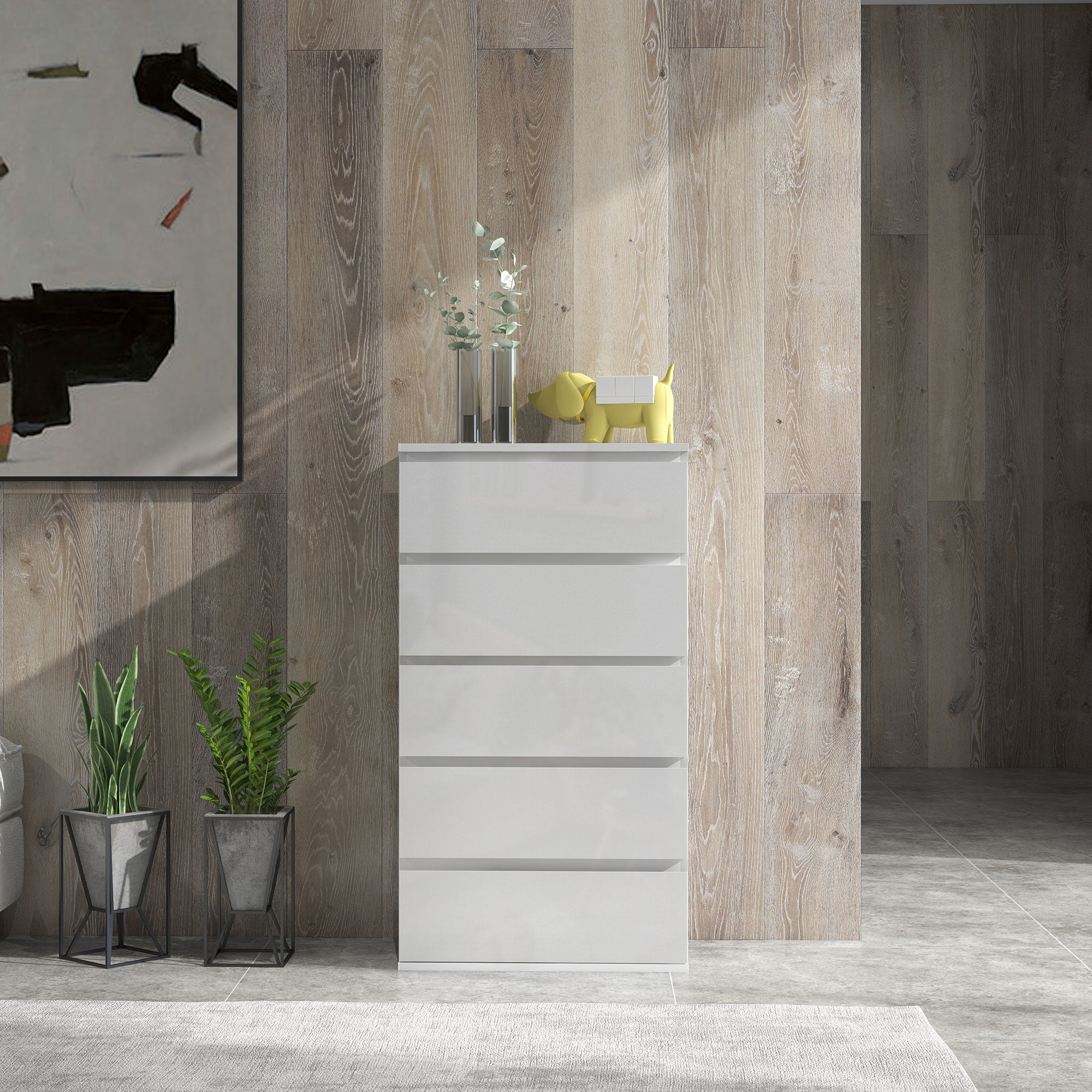 HOMCOM High Gloss Chest of Drawers, 5-Drawer Storage Cabinets, Modern Dresser, Storage Drawer Unit for Bedroom - North Peak Garden Furniture
