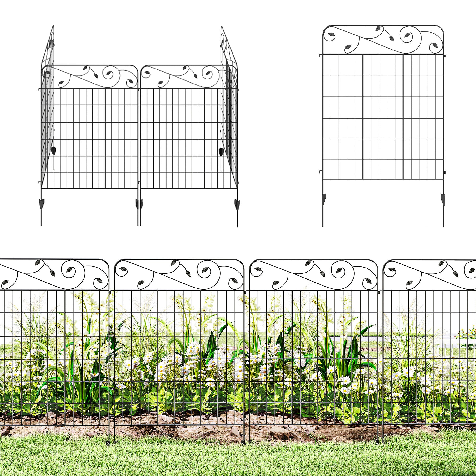 Outsunny Decorative Garden Fencing, 4PCs 43in x 11.5ft Outdoor Picket Fence Panels, Rustproof Metal Wire Landscape Flower Bed Border Edging Animal Barrier, Black