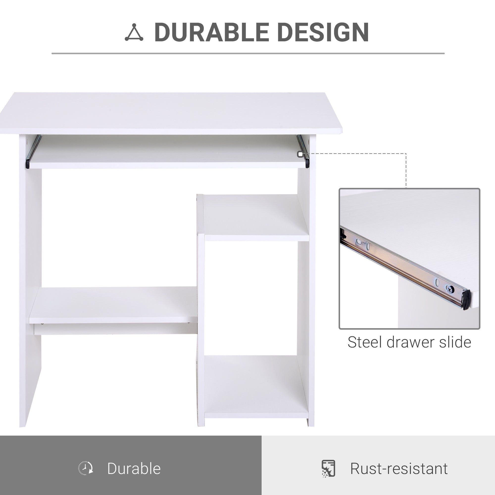 HOMCOM Compact Small Computer Table Wooden Desk Keyboard Tray Storage Shelf Modern Corner Table Home Office White - North Peak Garden Furniture