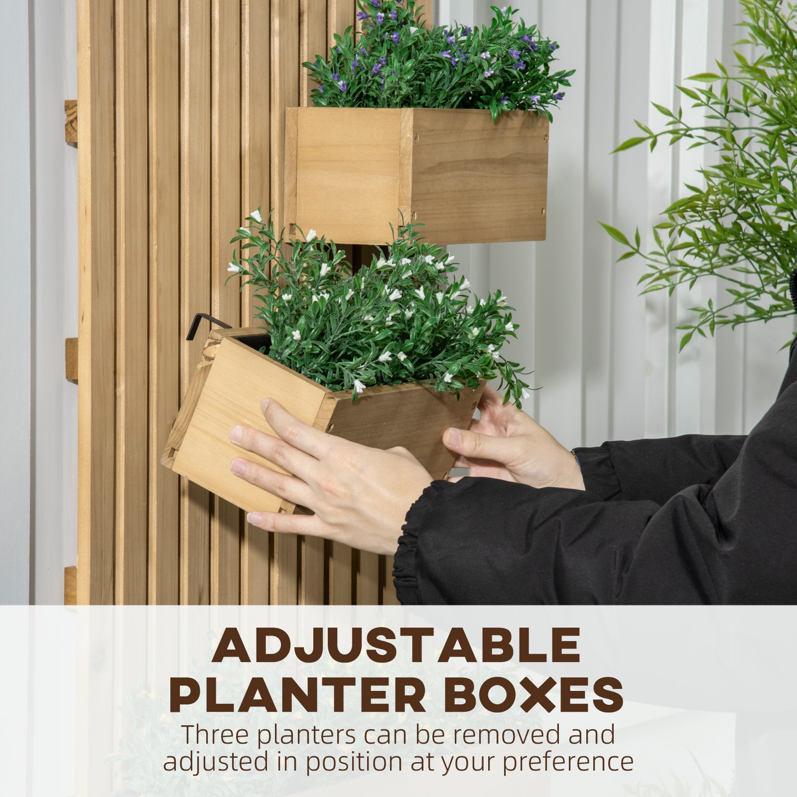 Outsunny Wall-mounted Wooden Garden Planters with Trellis, Drainage Holes and 3 Movable Planter Boxes, Wall Raised Garden Bed for Patio, Natural - North Peak Garden Furniture