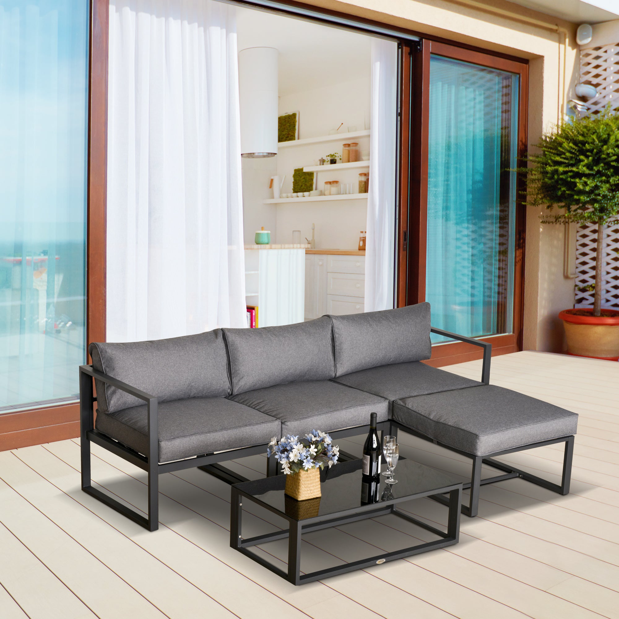 Outsunny 5 Pieces Outdoor Patio Furniture Set, Sofa Couch with Glass Coffee Table, Cushioned Chairs and Aluminum Tube, for Balcony Garden Backyard, Grey - North Peak Garden Furniture
