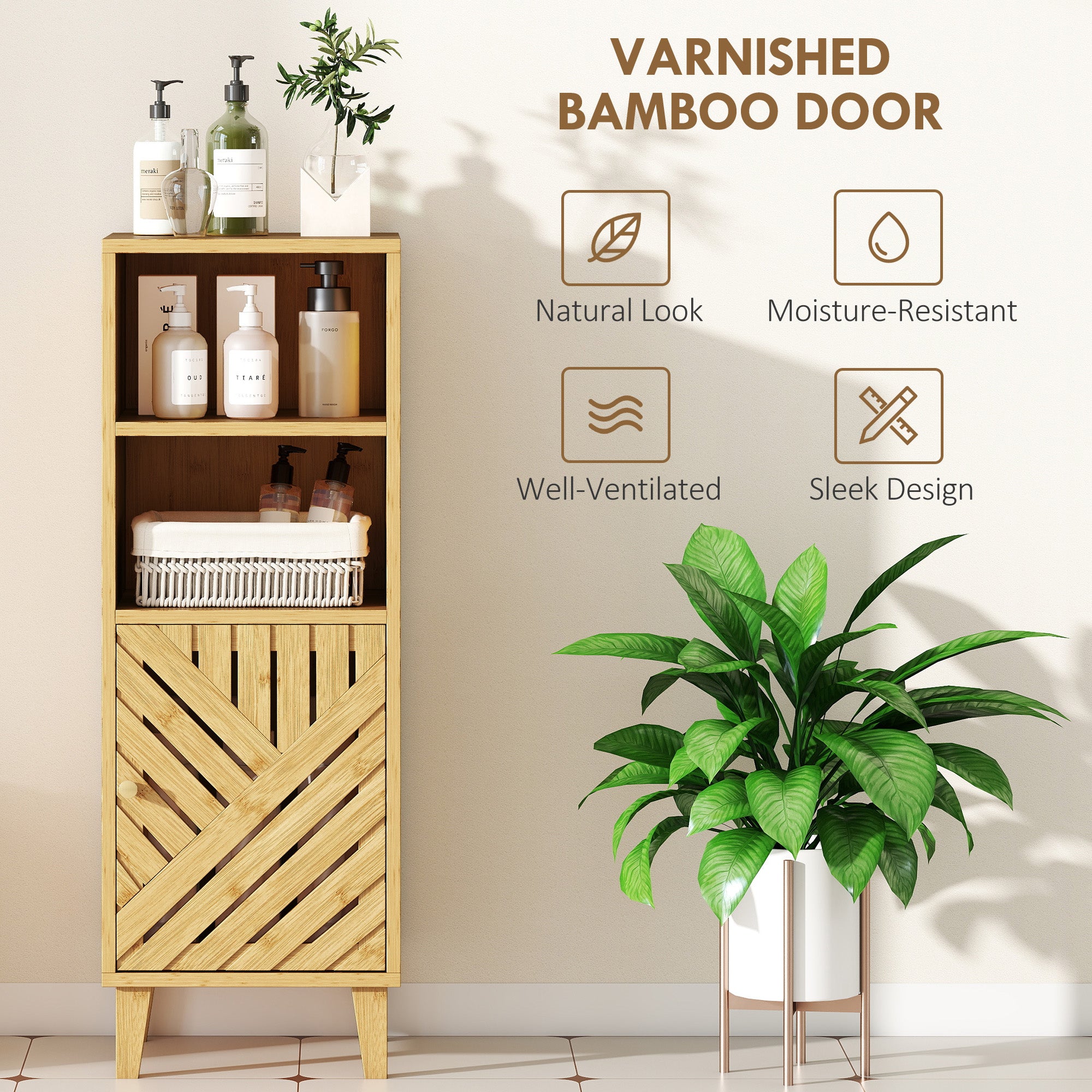HOMCOM Slim Bathroom Cabinet with Bamboo Door and Legs, Narrow Bathroom Storage Cabinet, Freestanding Storage Cupboard with Open Compartments, 32 x 30 x 90 cm, Natural Wood Finish
