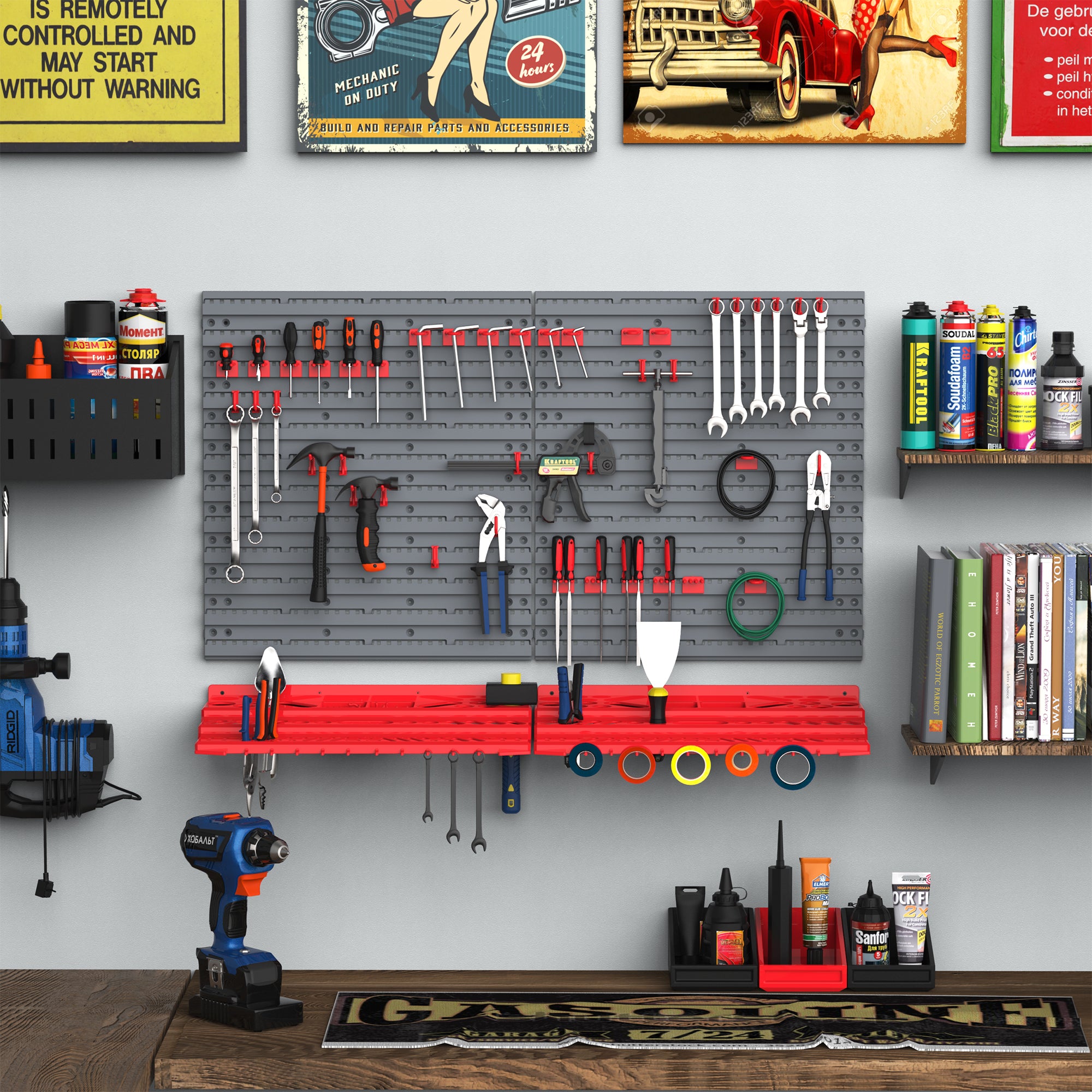 DURHAND 54 Pcs On-Wall Tool Equipment Holding Pegboard Home DIY Garage Organiser DIY w/ 50 Pegs 2 Shelves - North Peak Garden Furniture