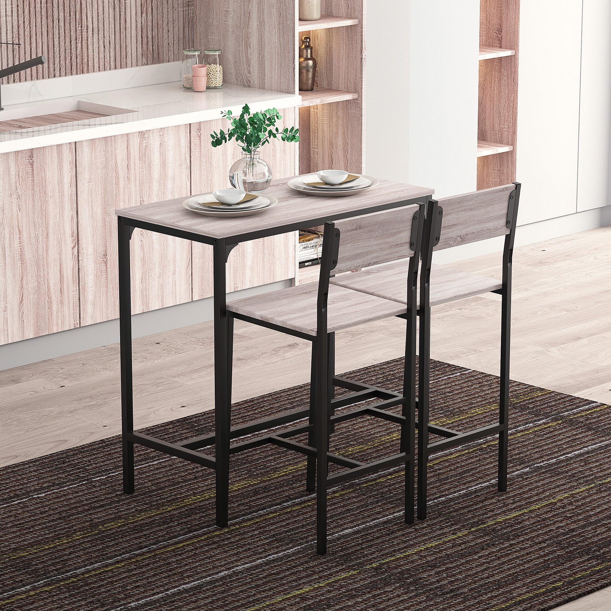 HOMCOM 3 Pcs Table Stool Set Industrial Design w/ Metal Frame Oak Tone MDF Panels Minimal Compact Beautiful - North Peak Garden Furniture