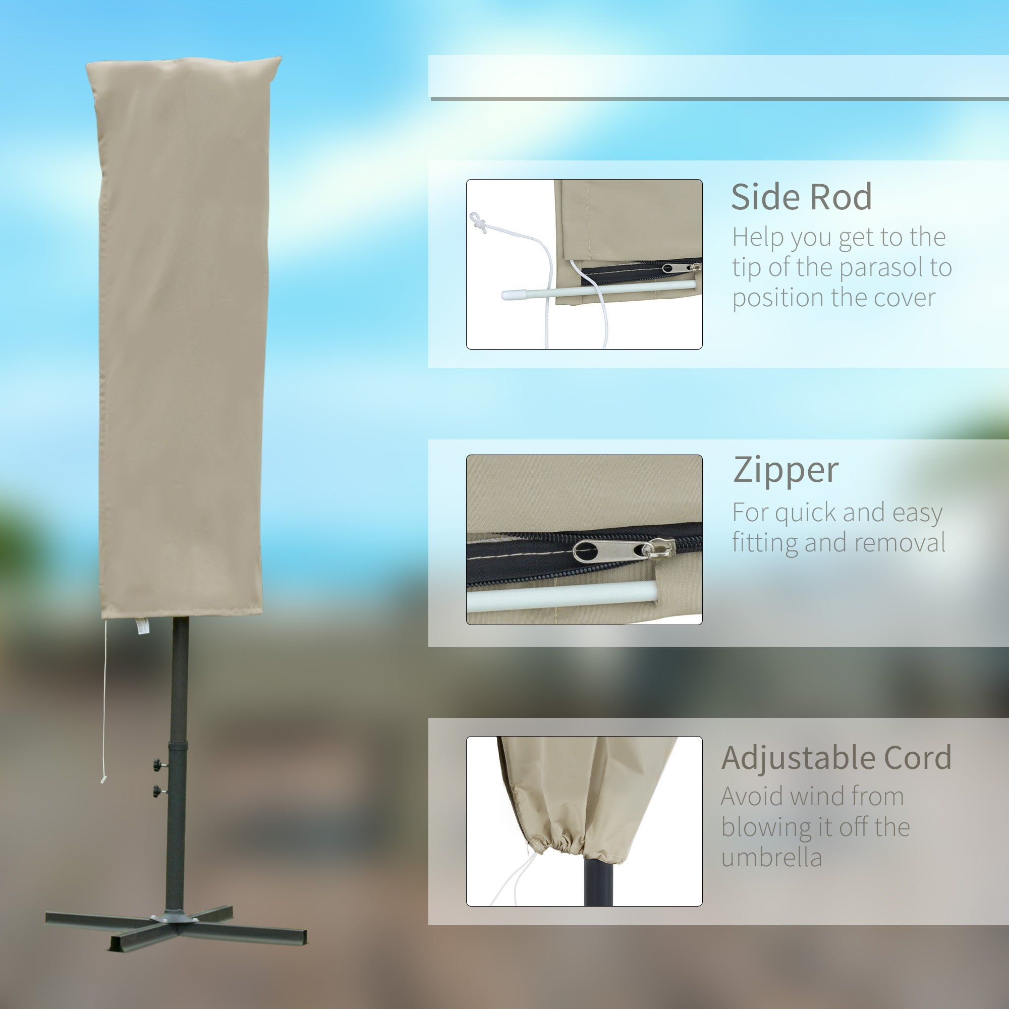 Outsunny Outdoor Cantilever Umbrella Cover with Rod, Zipper, Khaki - North Peak Garden Furniture