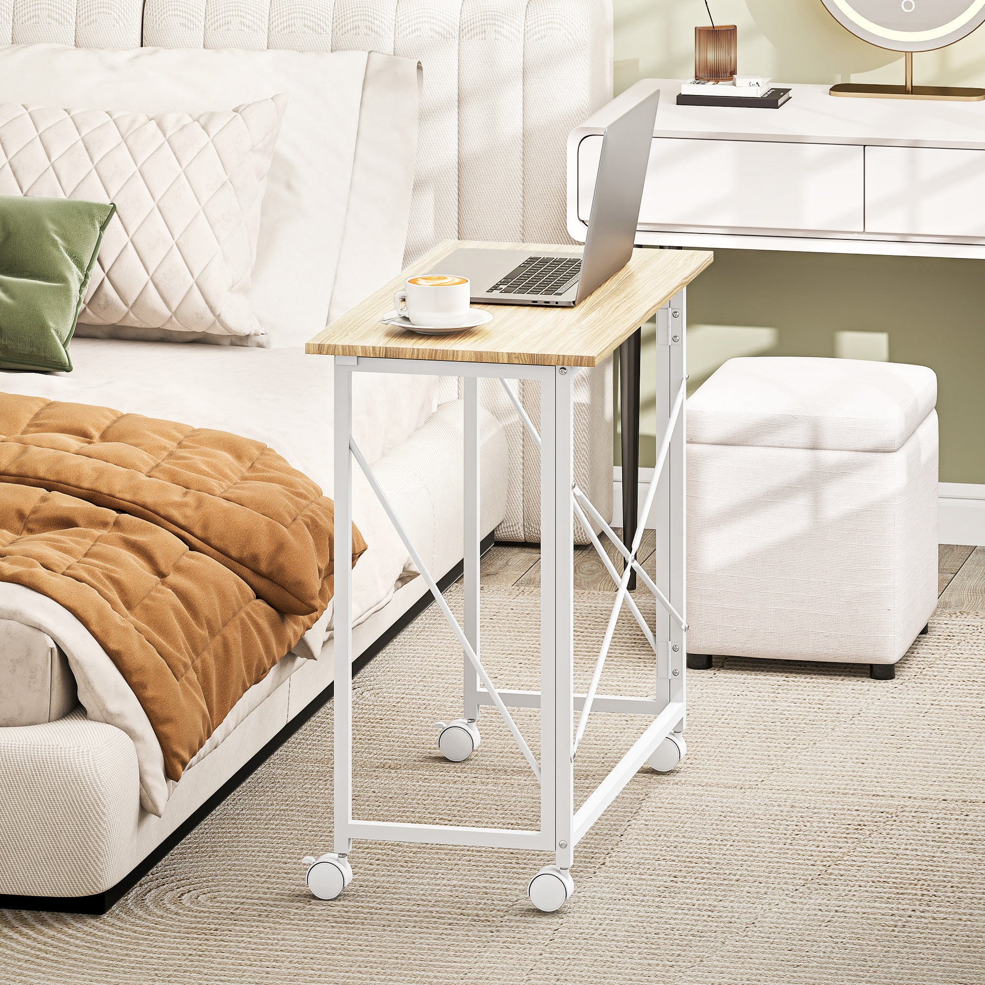 HOMCOM 80 cm Folding Desk on Wheels - Natural Tone - North Peak Garden Furniture