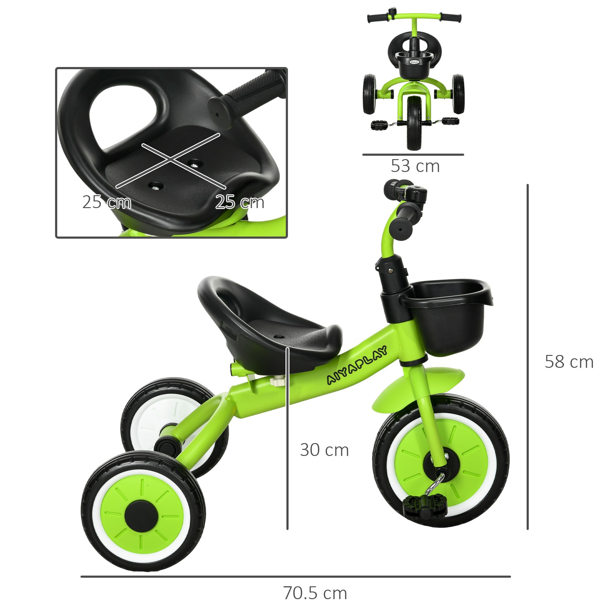 AIYAPLAY Kids Trike, Tricycle, with Adjustable Seat, Basket, Bell, for Ages 2-5 Years - Green - North Peak Garden Furniture