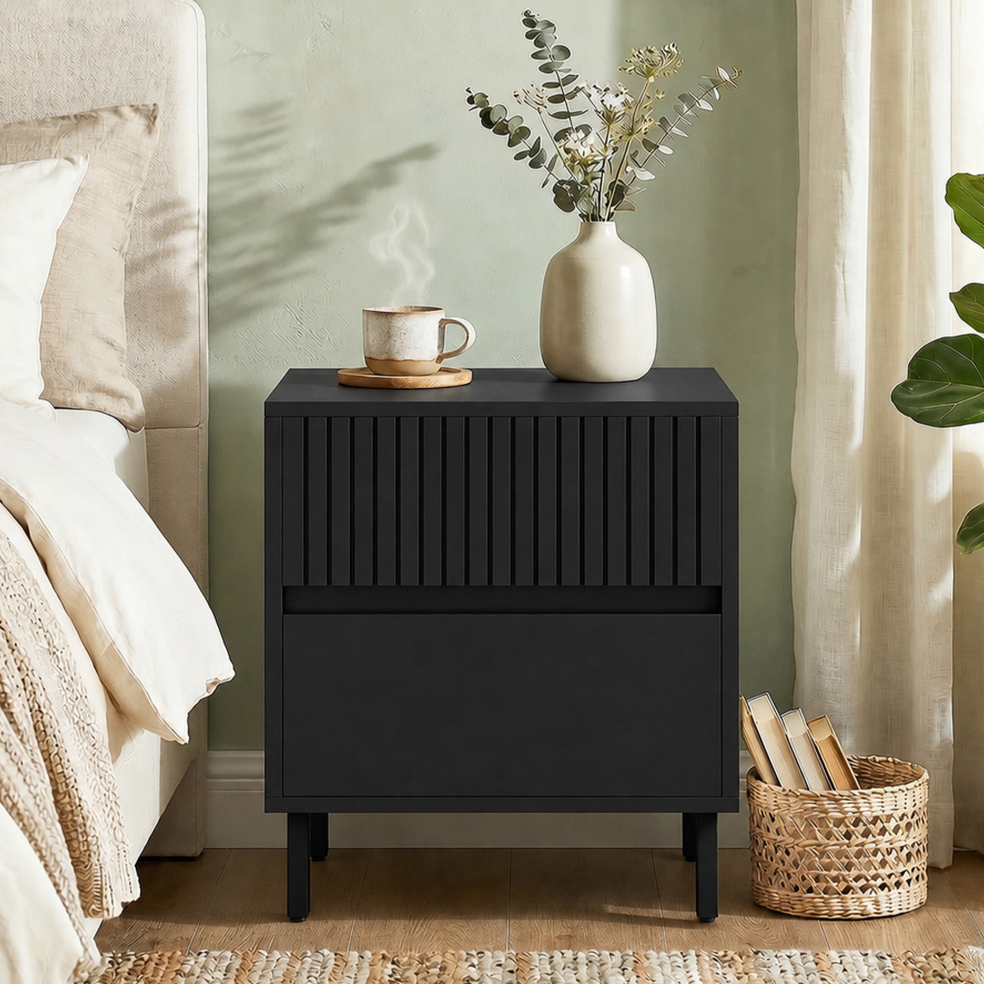 HOMCOM Bedside Cabinet, Bedside Table with 2 Drawers, Storage and Steel Legs for Bedroom, Living Room, Black