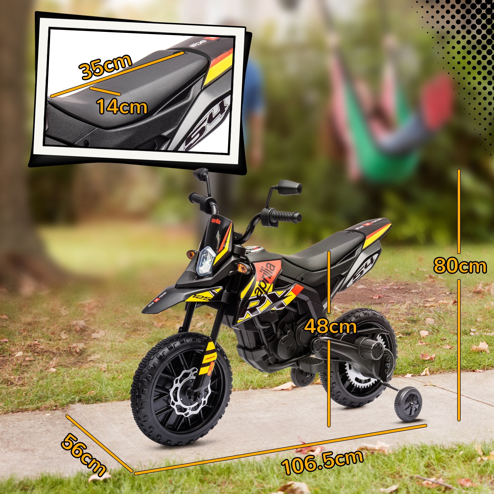 AIYAPLAY 12V Aprilia Licenced Kids Motorbike with Training Wheels, Spring Suspension, LED Light, USB, Music, Yellow - North Peak Garden Furniture