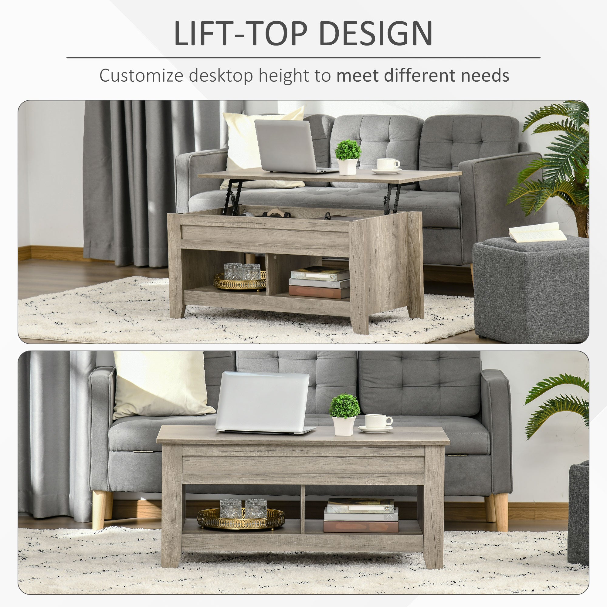 HOMCOM Lift Top Coffee Table w/ Hidden Storage Compartment Open Shelves Lift Tabletop Pop Up Centre Table for Living Room Oak Effect - North Peak Garden Furniture