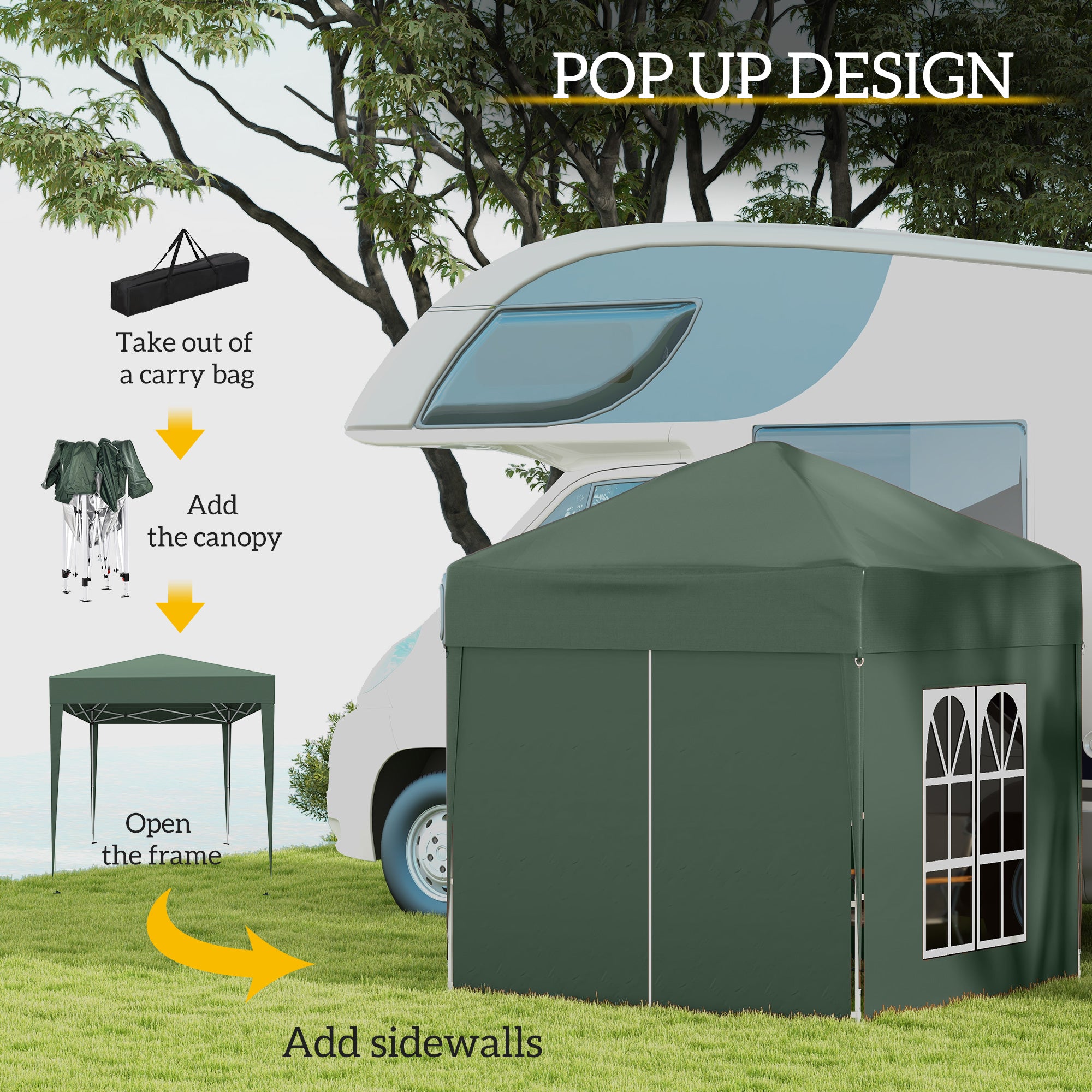 Outsunny 2 x 2 m Garden Pop Up Gazebo, Wedding Party Tent Marquee, Water Resistant Awning Canopy with Sidewalls, Windows, Carry Bag, Green - North Peak Garden Furniture