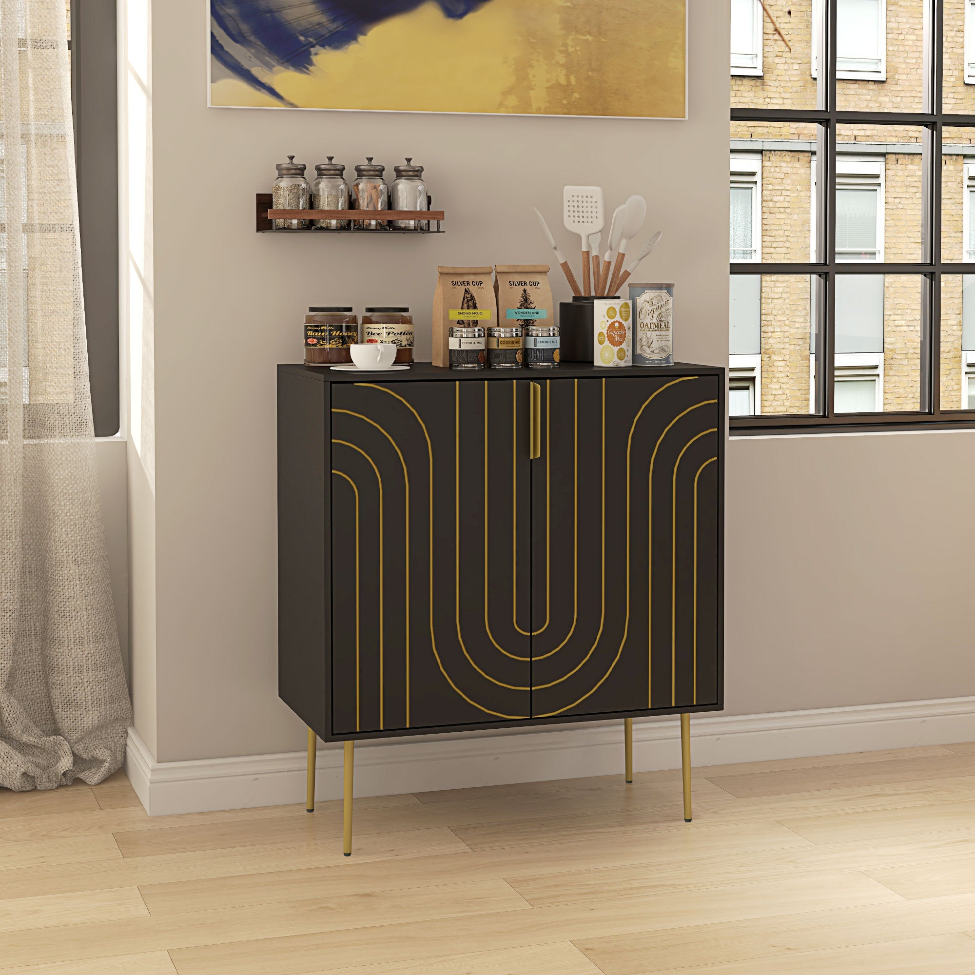 HOMCOM Art Deco Inspired Sideboard, with Adjustable Shelf - Black/Gold Tone