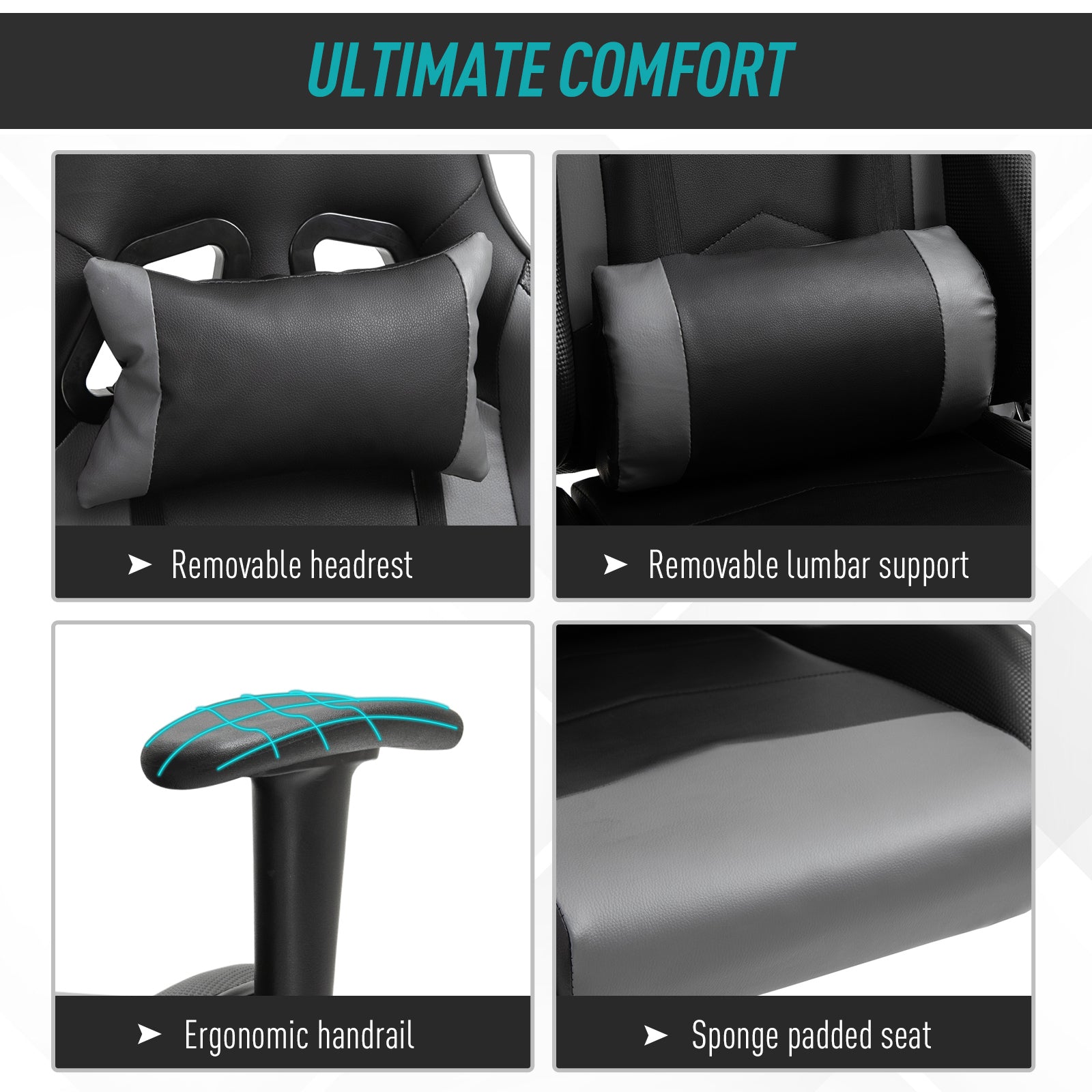 Vinsetto Gaming Chair, Computer Desk Chair, Racing Chair with Adjustable Height, Head Pillow and Lumbar Support for Adults, Black - North Peak Garden Furniture