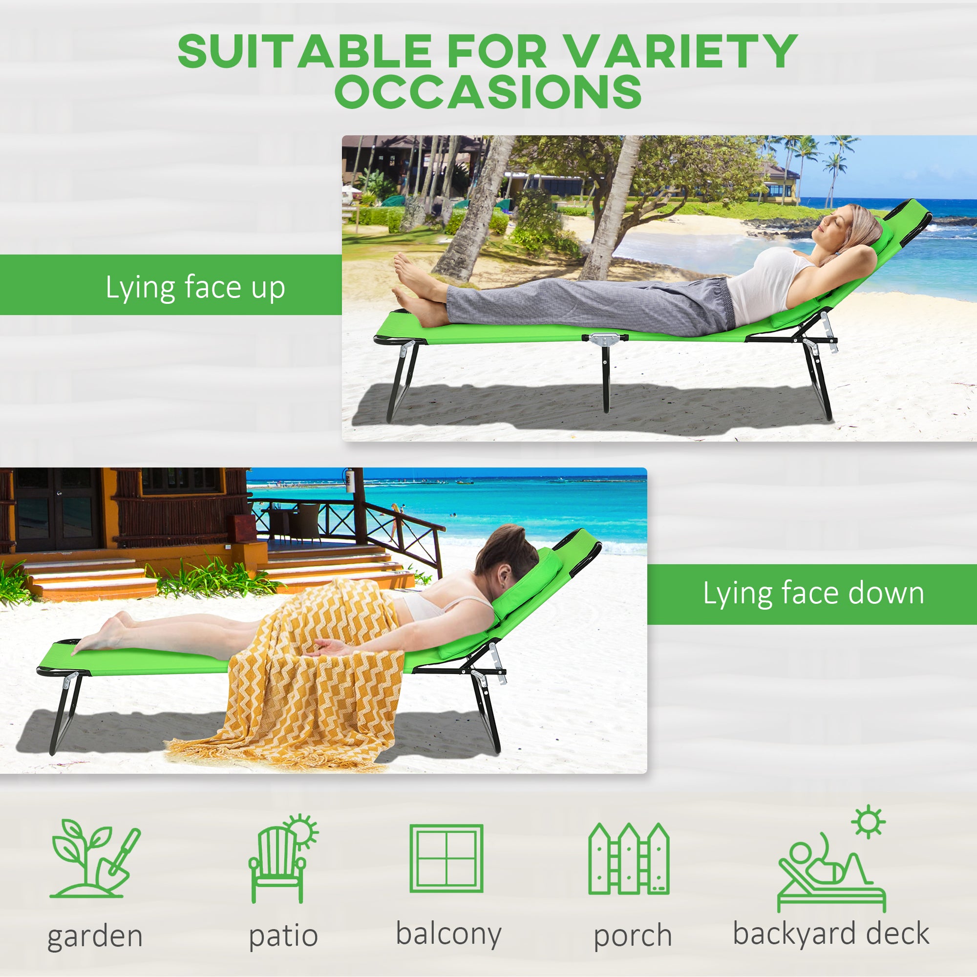 Outsunny Outdoor Foldable Sun Lounger Set of 2, 4 Level Adjustable Backrest Reclining Sun Lounger Chair with Pillow and Reading Hole, Green