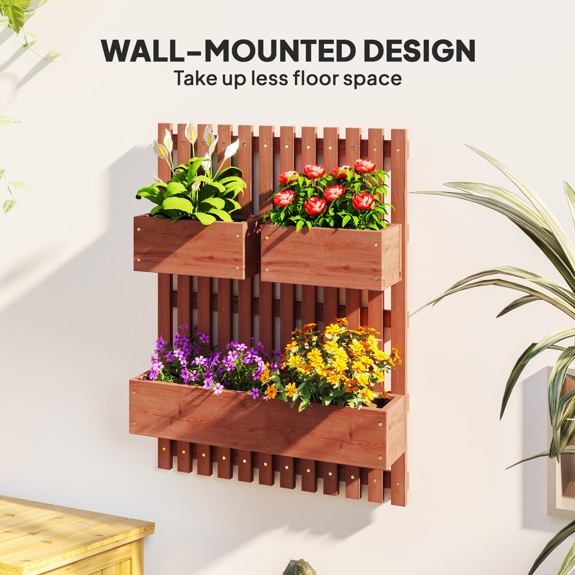 Outsunny Wall-mounted Wooden Garden Planters with Trellis, Drainage Holes and 3 Planter Boxes for Patio, Brown - North Peak Garden Furniture