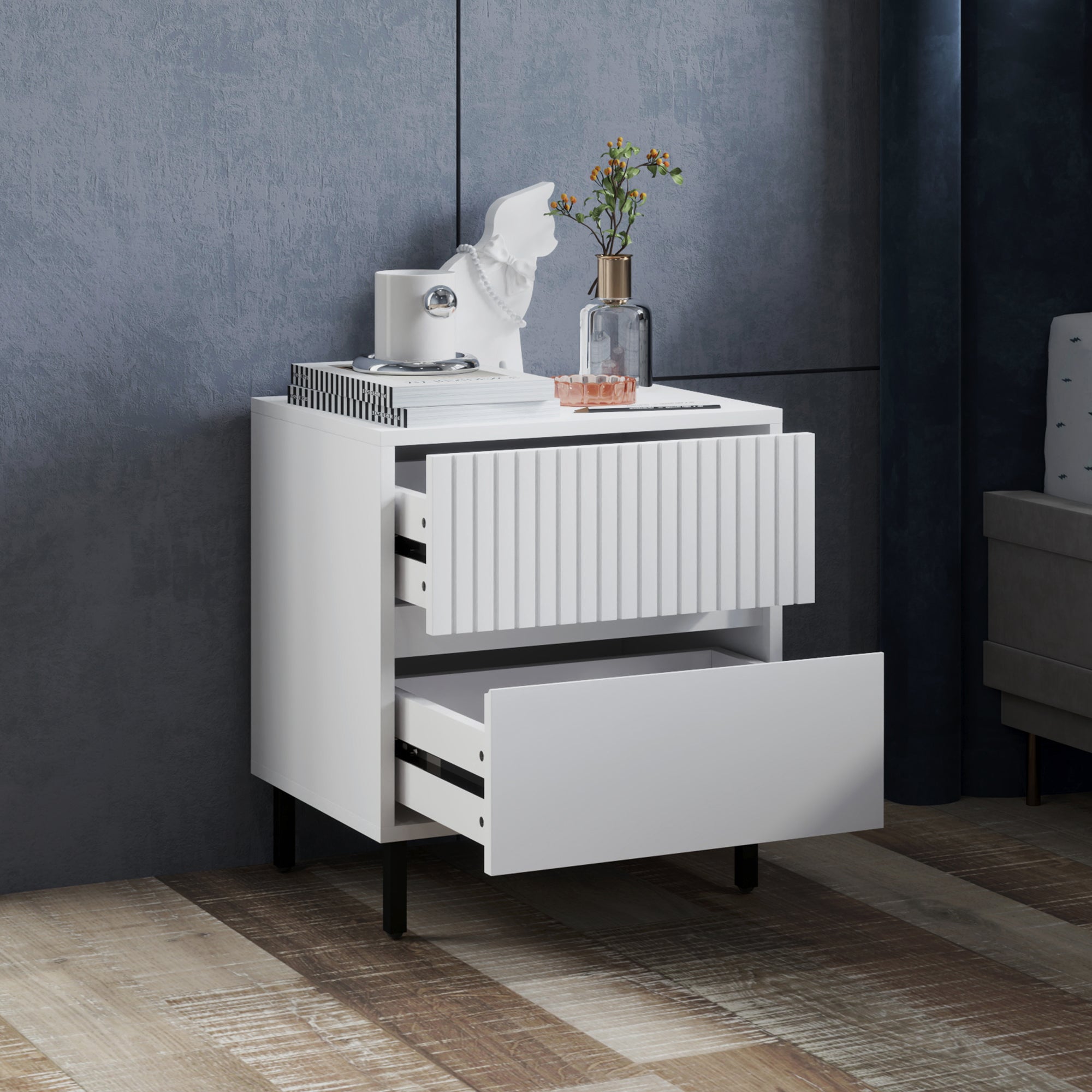 HOMCOM Simple Line Indented Two-Drawer Bedside Table - White - North Peak Garden Furniture