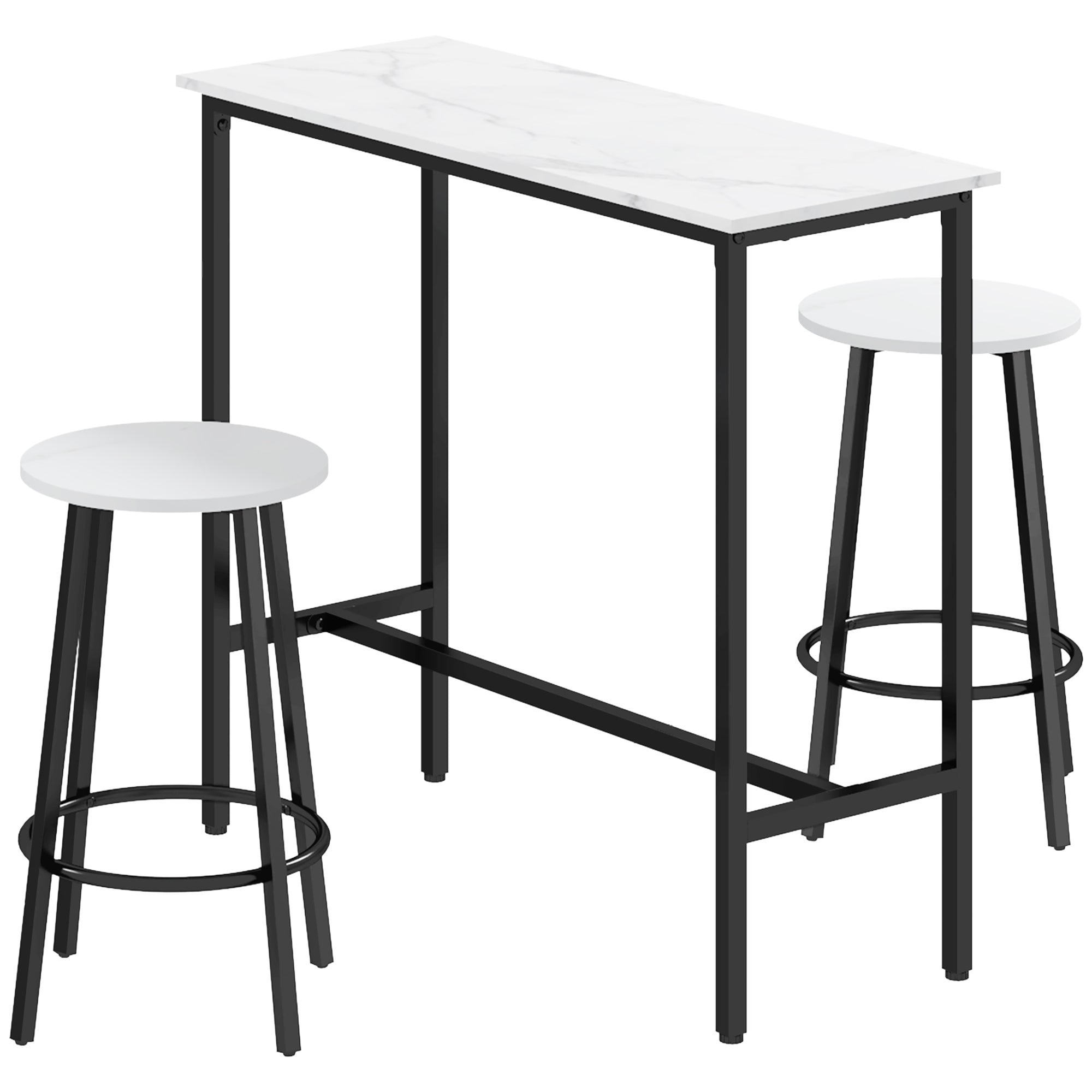 HOMCOM Three-Piece Marble-Effect Bar Table Set - White/Black - North Peak Garden Furniture